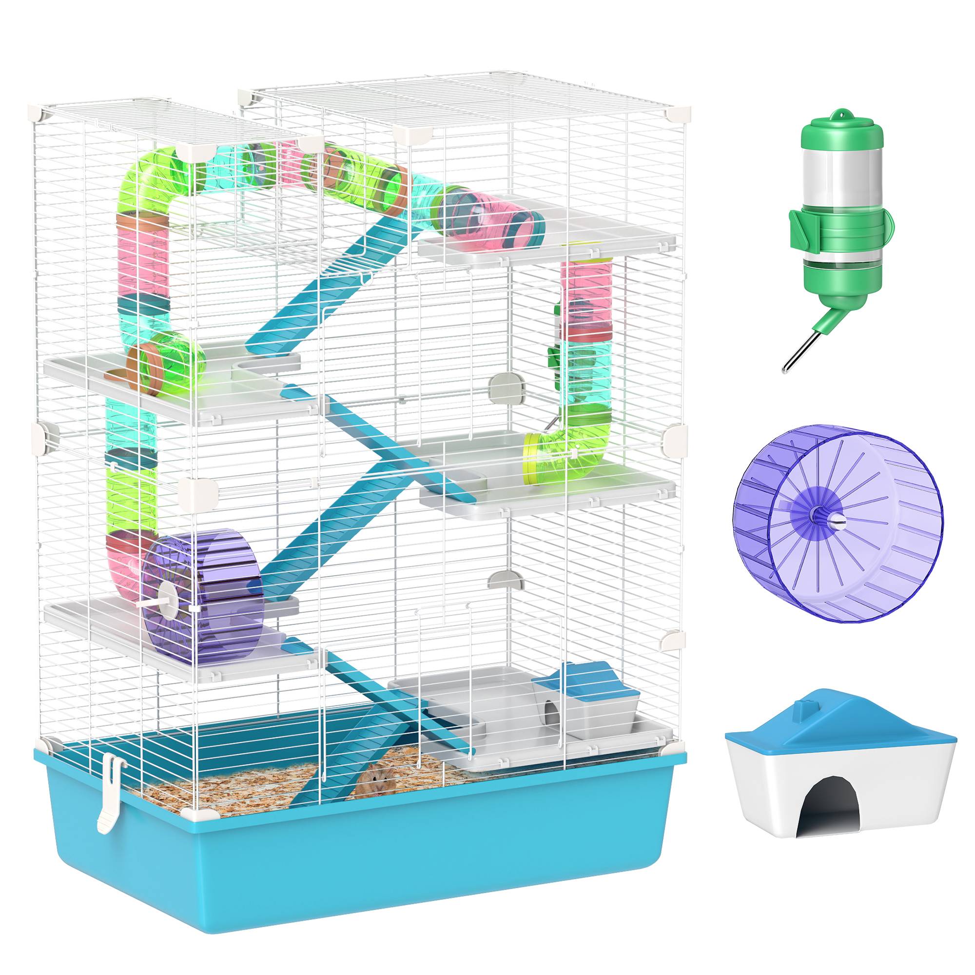Cage hamster 6 niveaux en métal pour petits rongeurs avec tunnels et roue 58x36x81cm bleu - ComfortXL Outdoor Living