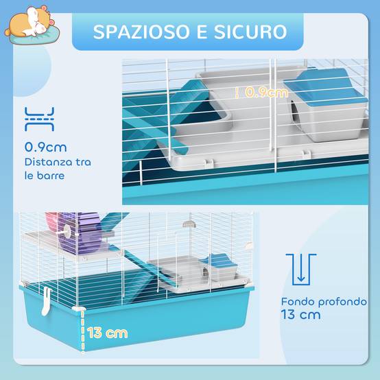Cage hamster 6 niveaux en métal pour petits rongeurs avec tunnels et roue 58x36x81cm bleu - ComfortXL Outdoor Living - Image 9