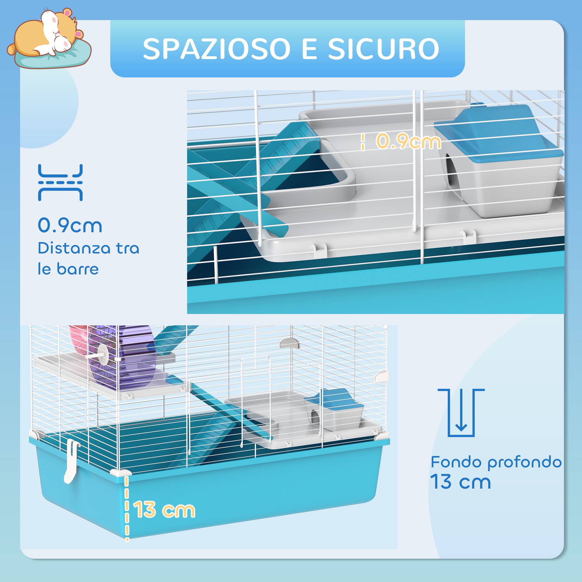 Cage hamster 6 niveaux en métal pour petits rongeurs avec tunnels et roue 58x36x81cm bleu - ComfortXL Outdoor Living - Image 9
