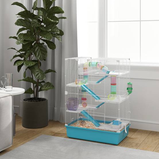Cage hamster 6 niveaux en métal pour petits rongeurs avec tunnels et roue 58x36x81cm bleu - ComfortXL Outdoor Living - Image 3