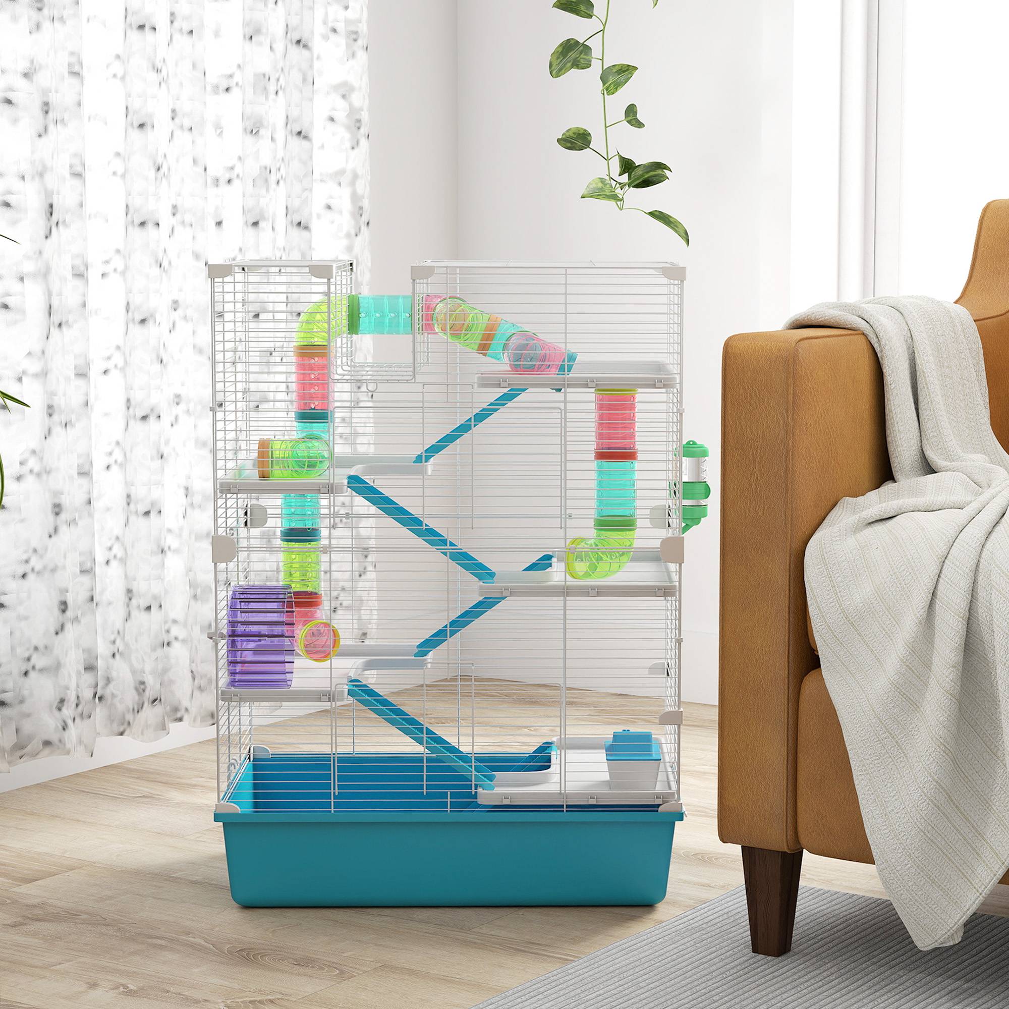 Cage hamster 6 niveaux en métal pour petits rongeurs avec tunnels et roue 58x36x81cm bleu - ComfortXL Outdoor Living - Image 10