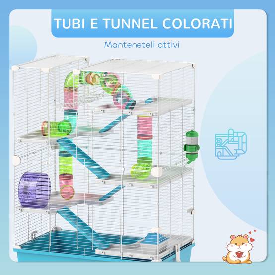 Cage hamster 6 niveaux en métal pour petits rongeurs avec tunnels et roue 58x36x81cm bleu - ComfortXL Outdoor Living - Image 7