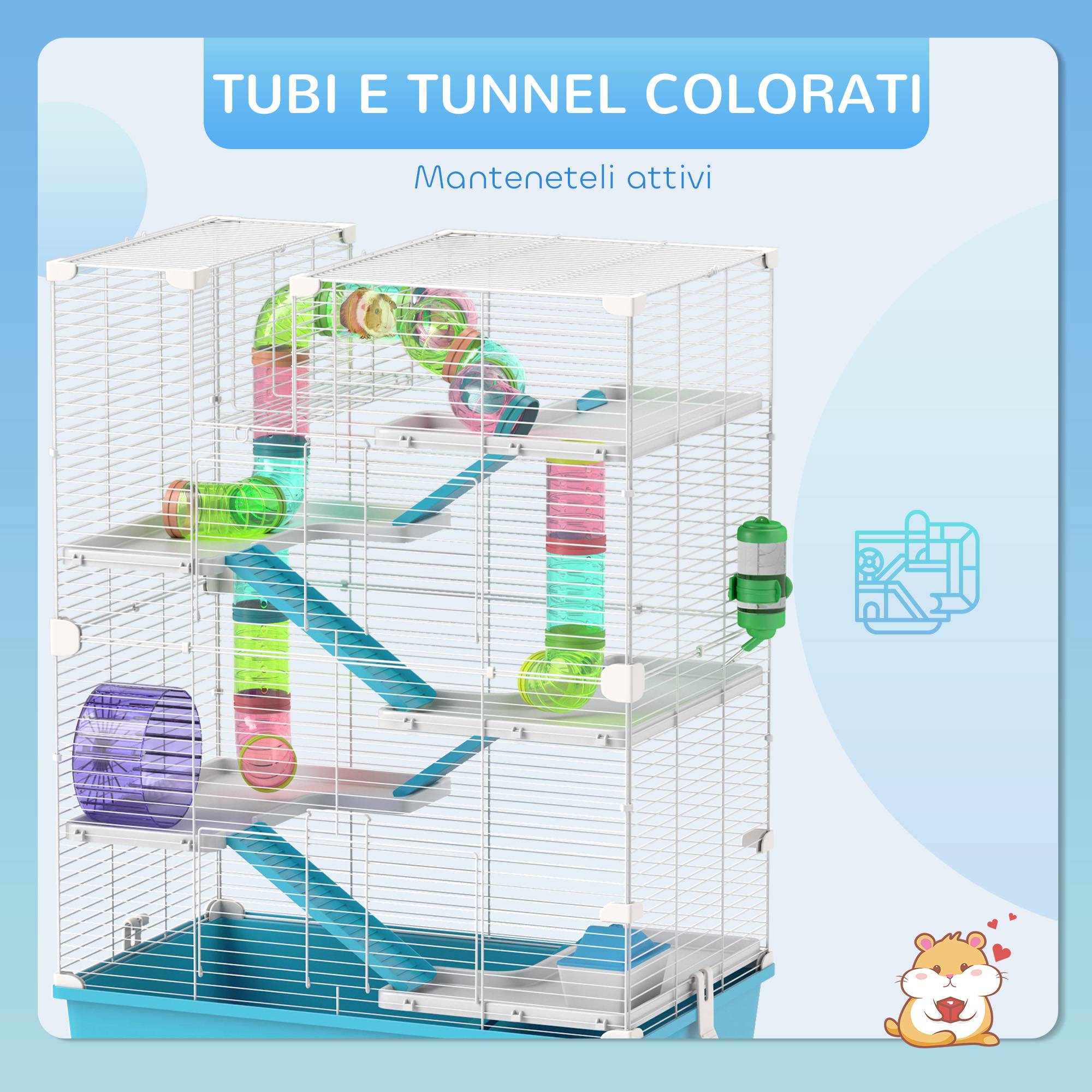 Cage hamster 6 niveaux en métal pour petits rongeurs avec tunnels et roue 58x36x81cm bleu - ComfortXL Outdoor Living - Image 7