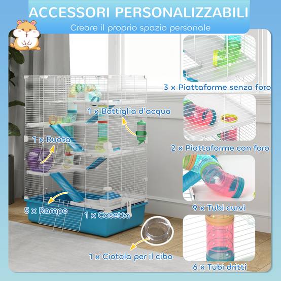 Cage hamster 6 niveaux en métal pour petits rongeurs avec tunnels et roue 58x36x81cm bleu - ComfortXL Outdoor Living - Image 8
