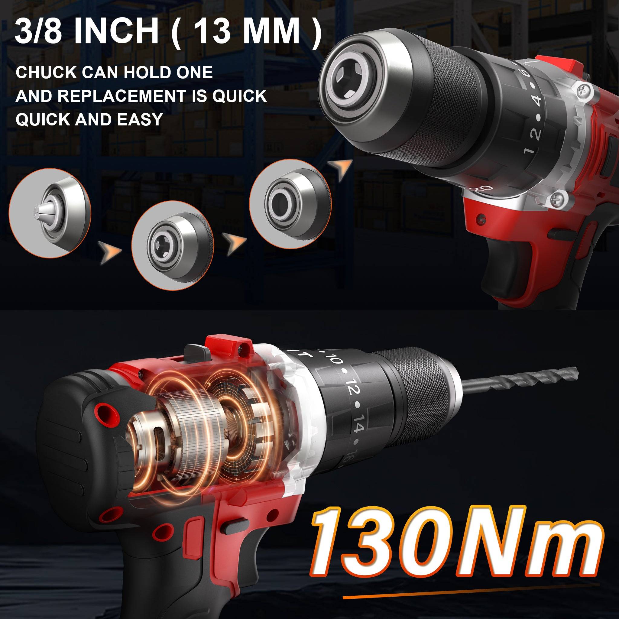 Teeno - Perceuse-visseuse sans fil sans balais 21 V, compatible avec les batteries Makita 2 x 4,0 Ah, couple max. 130 Nm, 20 + 3 réglages de couple, mandrin - Image 4