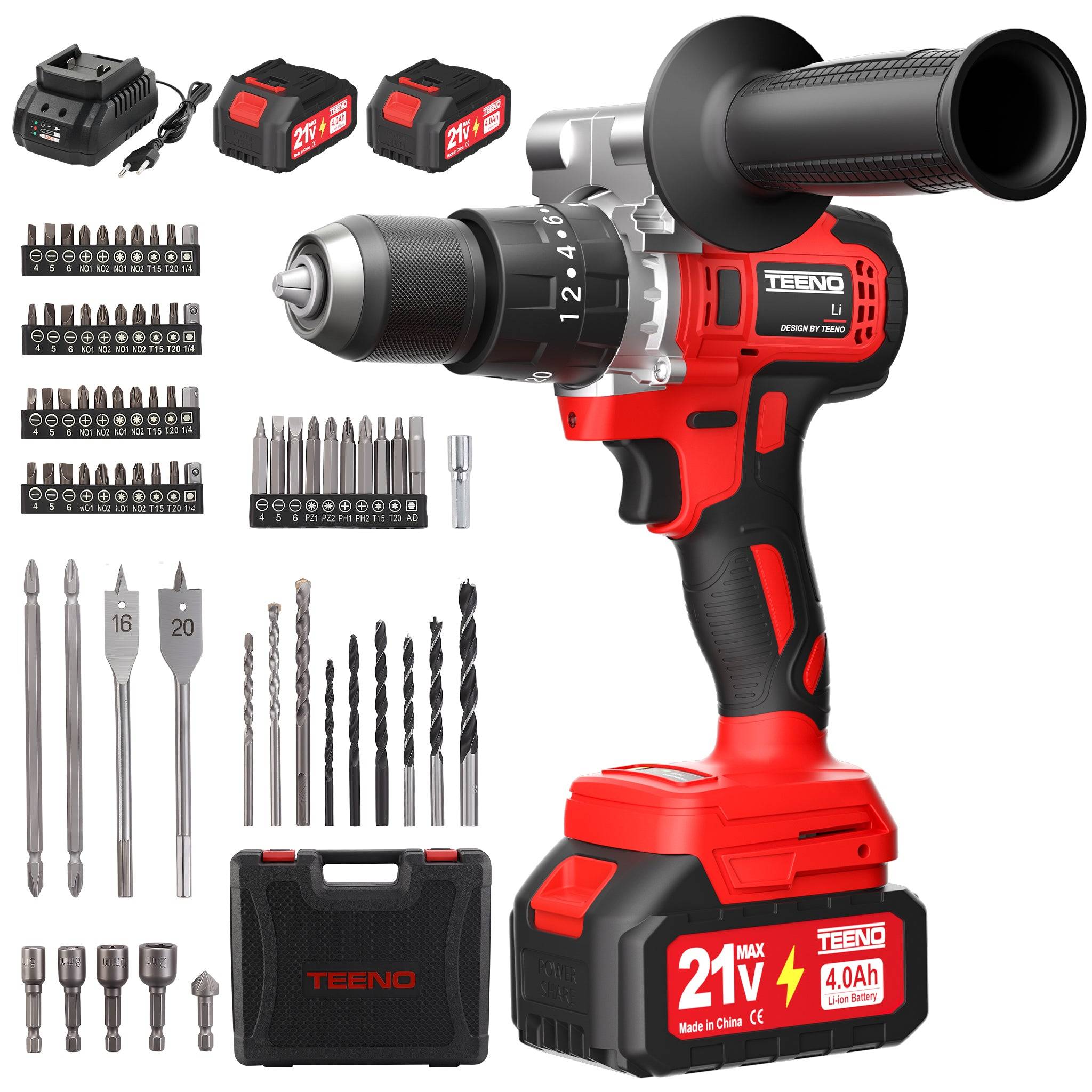 Teeno - Perceuse-visseuse sans fil sans balais 21 V, compatible avec les batteries Makita 2 x 4,0 Ah, couple max. 130 Nm, 20 + 3 réglages de couple, mandrin - Image 1