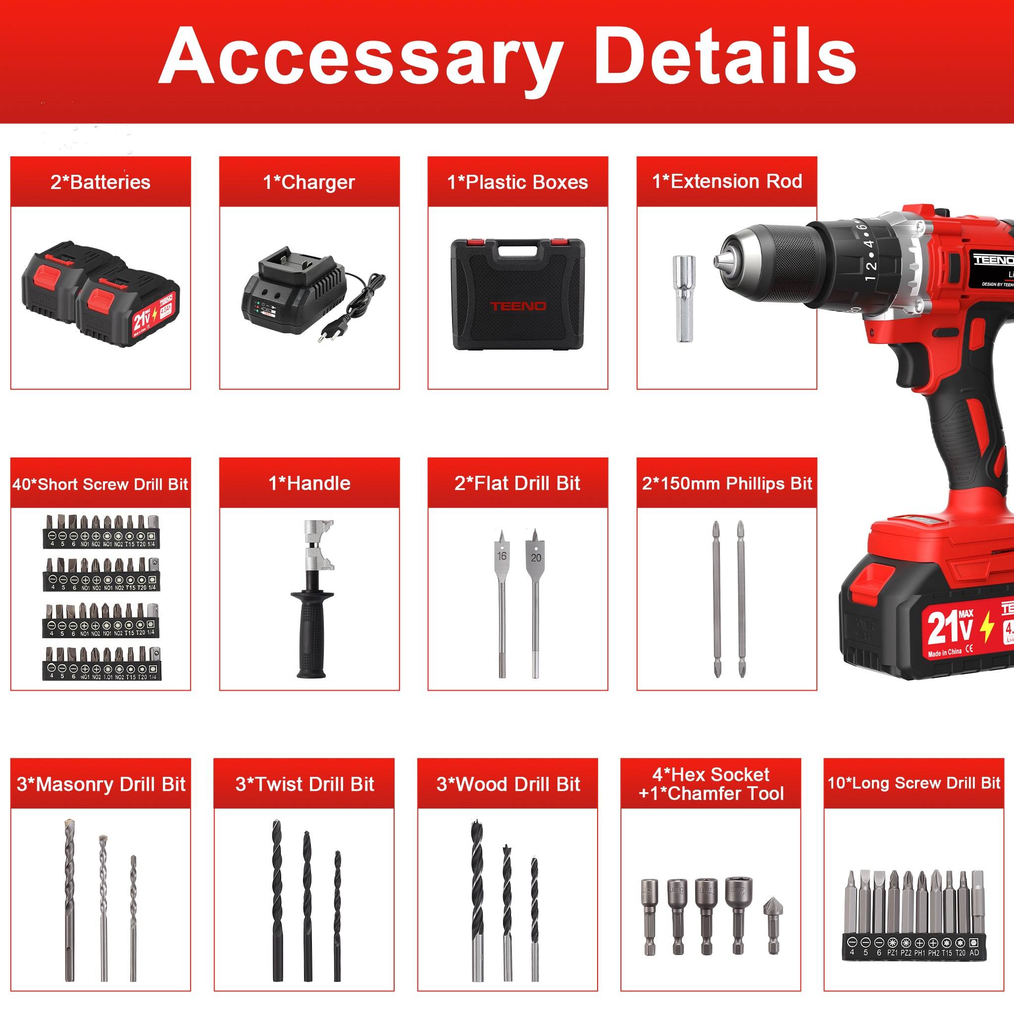 Teeno - Perceuse-visseuse sans fil sans balais 21 V, compatible avec les batteries Makita 2 x 4,0 Ah, couple max. 130 Nm, 20 + 3 réglages de couple, mandrin - Image 6