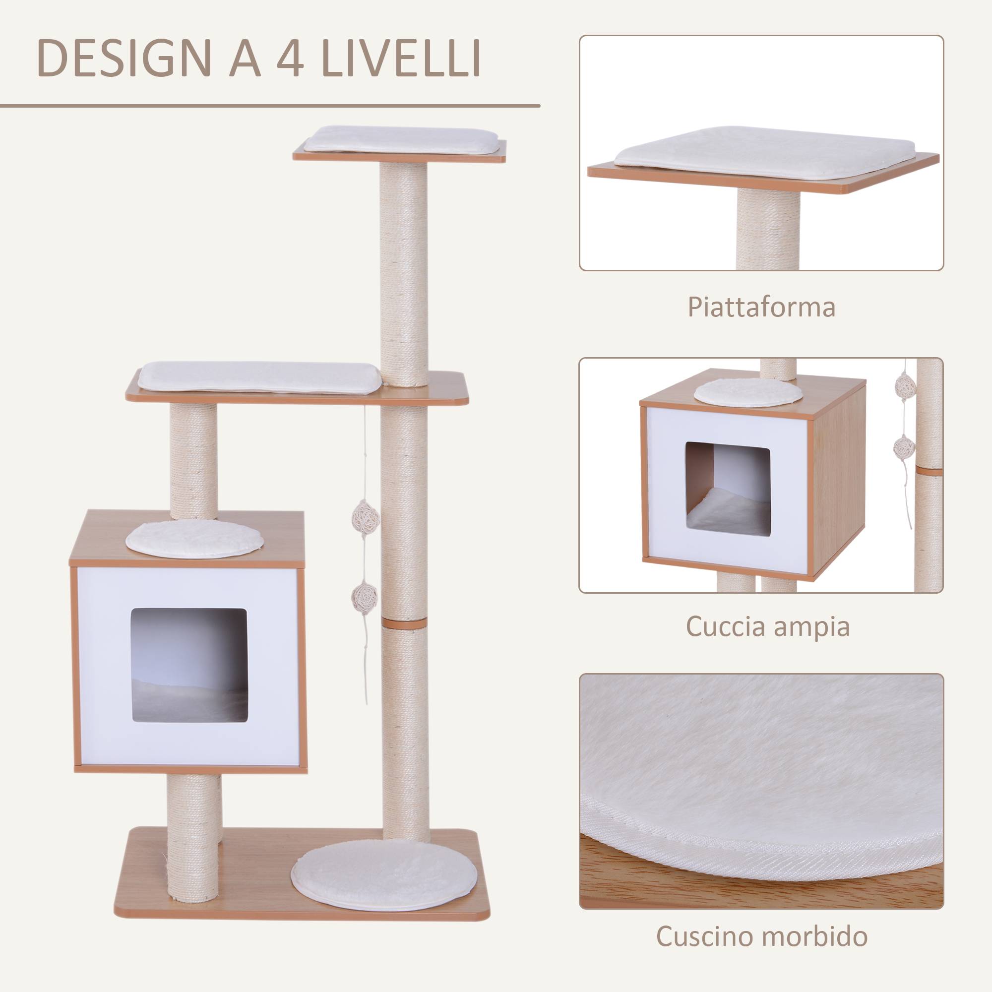 Arbre à chat de 120 cm de hauteur avec niche, plateformes et jouets en sisal, en MDF blanc (71,5 x 49,5 x 120 cm). - Image 8