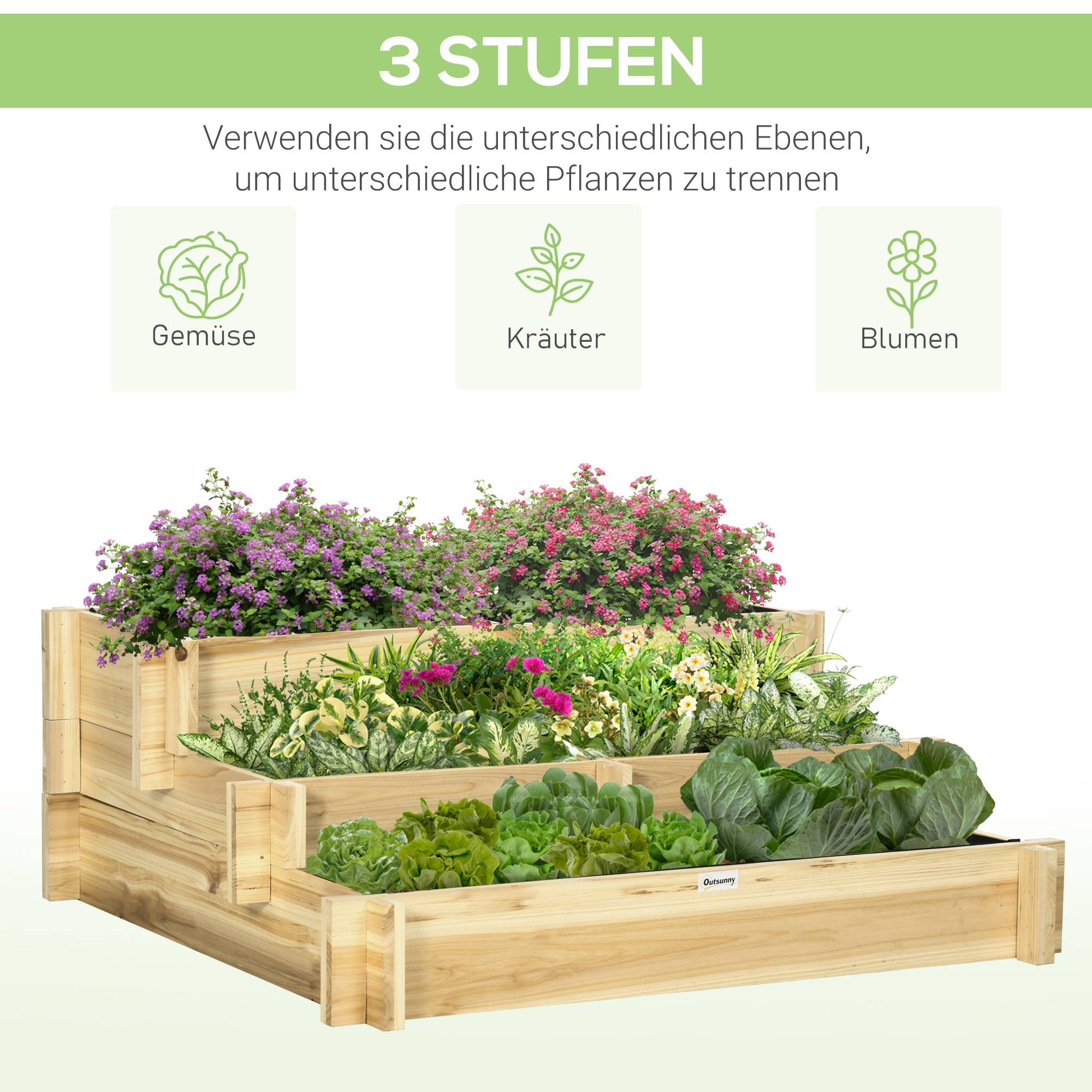 Carré potager 3 niveaux bois sapin jardin 5 compartiments drainage 93x93x35cm naturel - ComfortXL Outdoor Living - Image 6