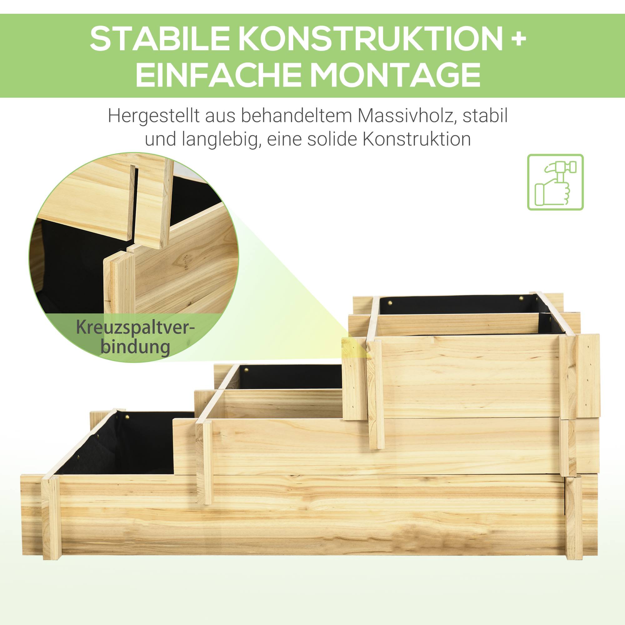 Carré potager 3 niveaux bois sapin jardin 5 compartiments drainage 93x93x35cm naturel - ComfortXL Outdoor Living - Image 8