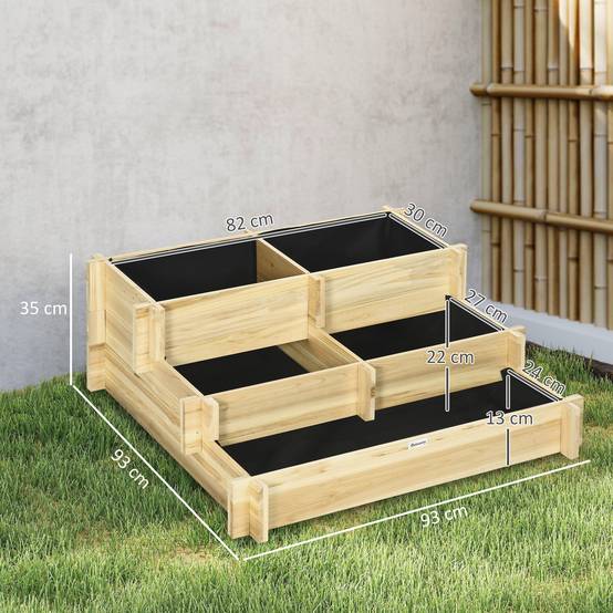 Carré potager 3 niveaux bois sapin jardin 5 compartiments drainage 93x93x35cm naturel - ComfortXL Outdoor Living - Image 5
