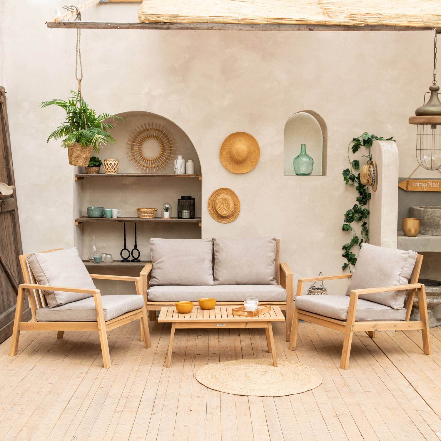 Salon de jardin en acacia 4 places GILI - coussins sable - HAPPY GARDEN - Image 2