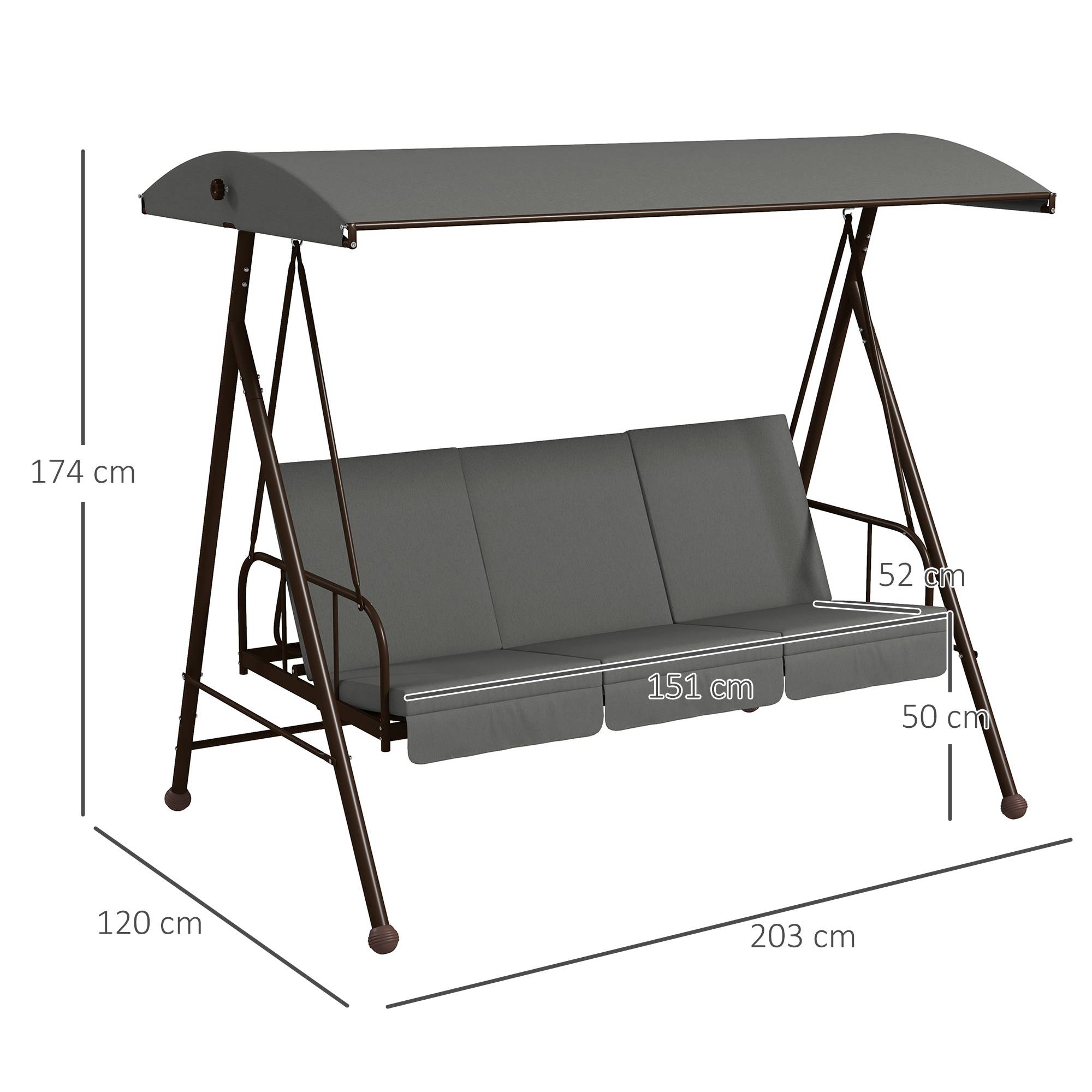 Outsunny - Balancelle de jardin convertible 3 places grand confort 3 coussins toit réglable acier polyester gris - Outsunny - Image 3