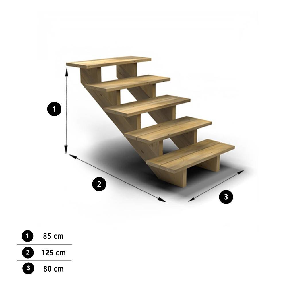 Escalier Bois Exterieur - 5 Marches - Largeur : 80 cm - Marches découpables - Sans Contremarches - Pin du Nord - Image 3