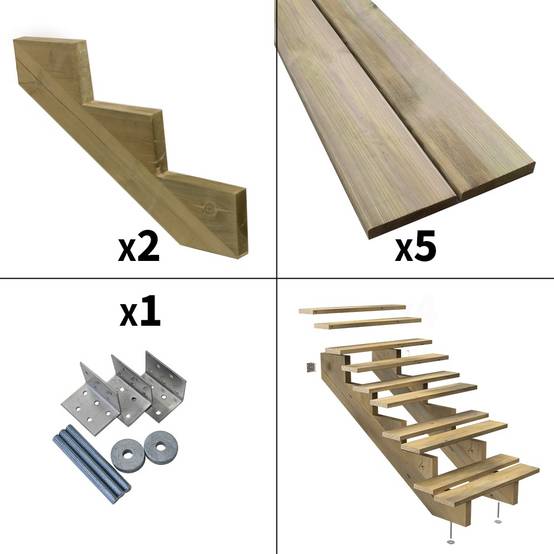 Escalier Bois Exterieur - 5 Marches - Largeur : 80 cm - Marches découpables - Sans Contremarches - Pin du Nord - Image 2
