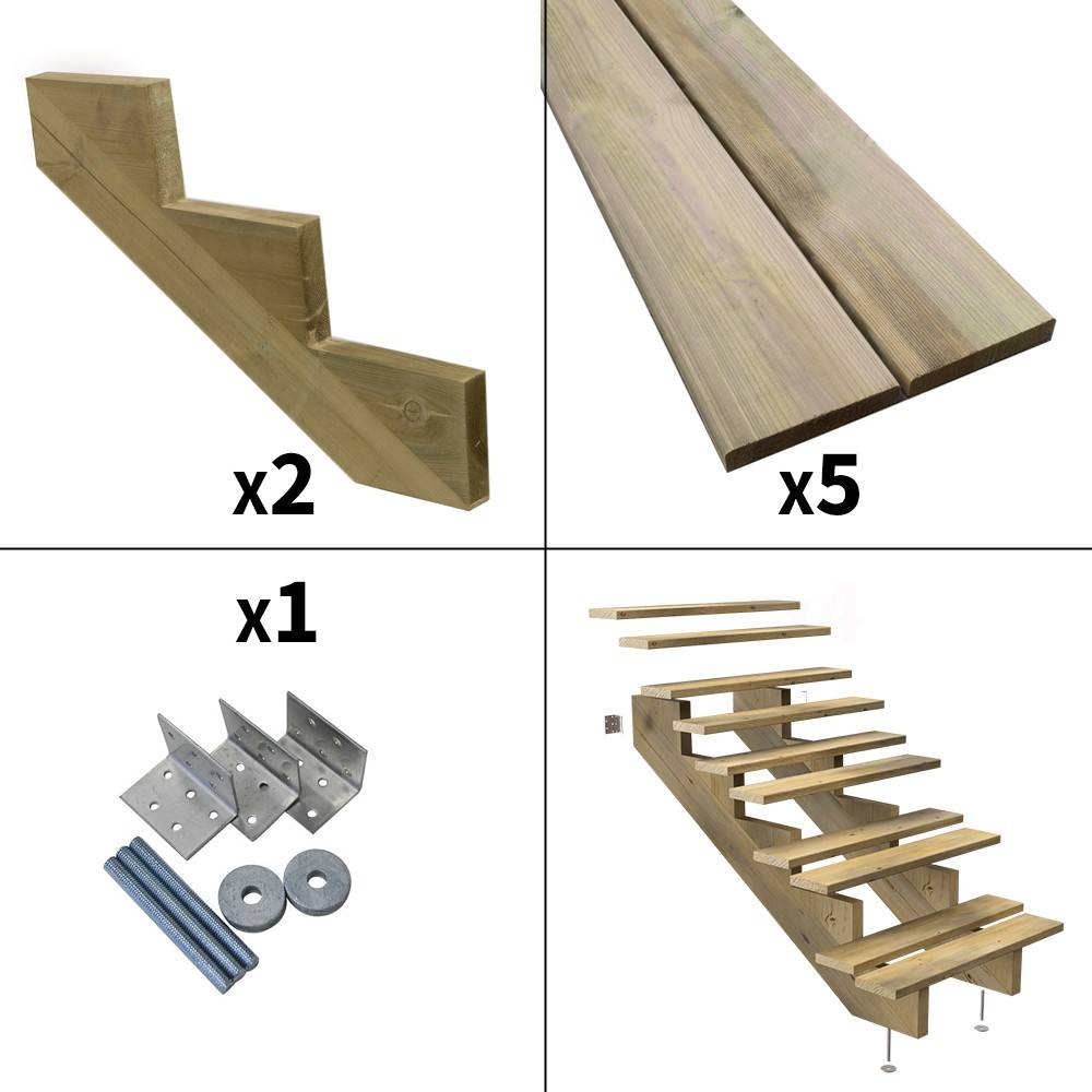 Escalier Bois Exterieur - 5 Marches - Largeur : 80 cm - Marches découpables - Sans Contremarches - Pin du Nord - Image 2