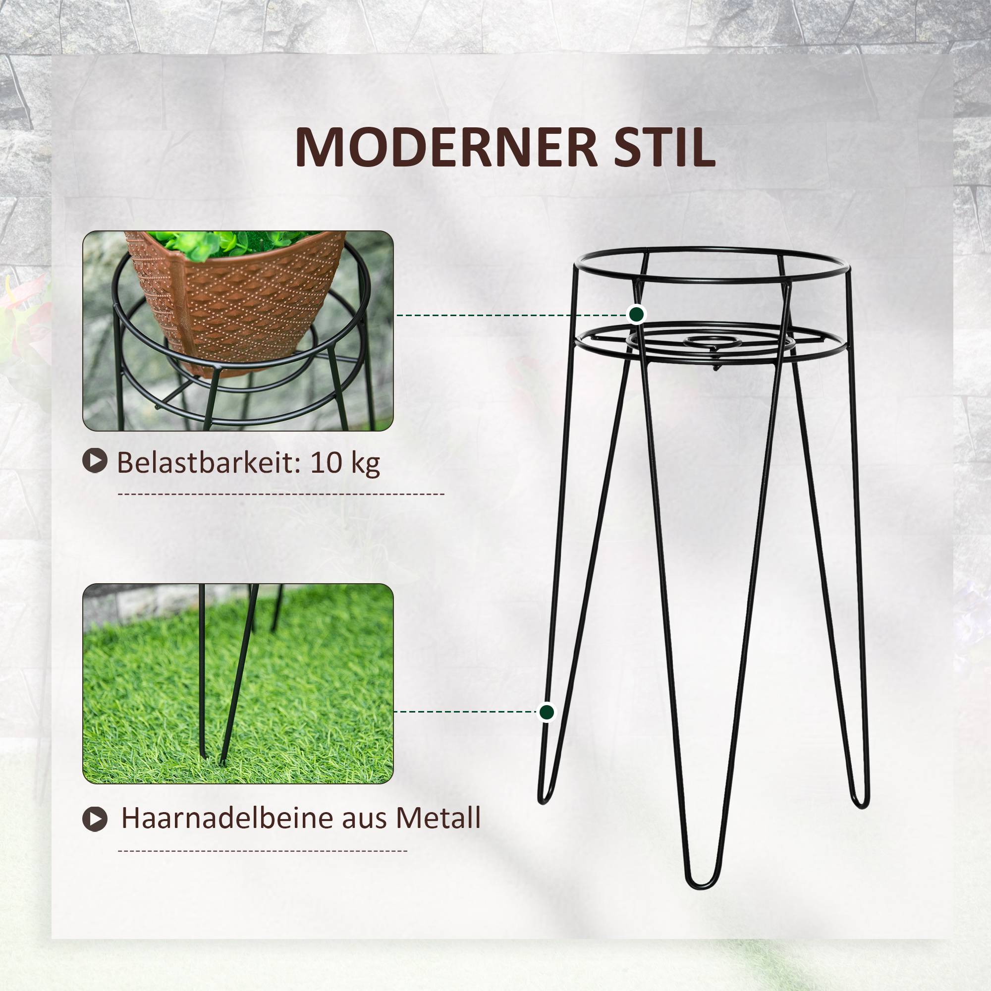 Lot de 3 porte-plantes en fil d'acier pour salon et balcon hauteurs variées noir - ComfortXL Outdoor Living - Image 7