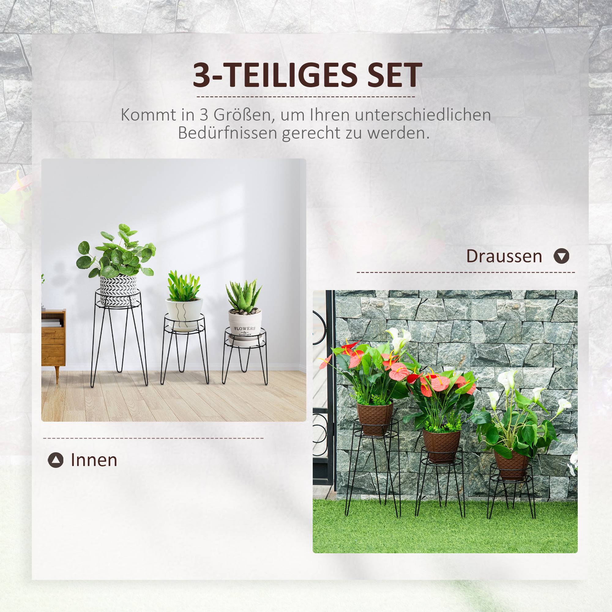 Lot de 3 porte-plantes en fil d'acier pour salon et balcon hauteurs variées noir - ComfortXL Outdoor Living - Image 6