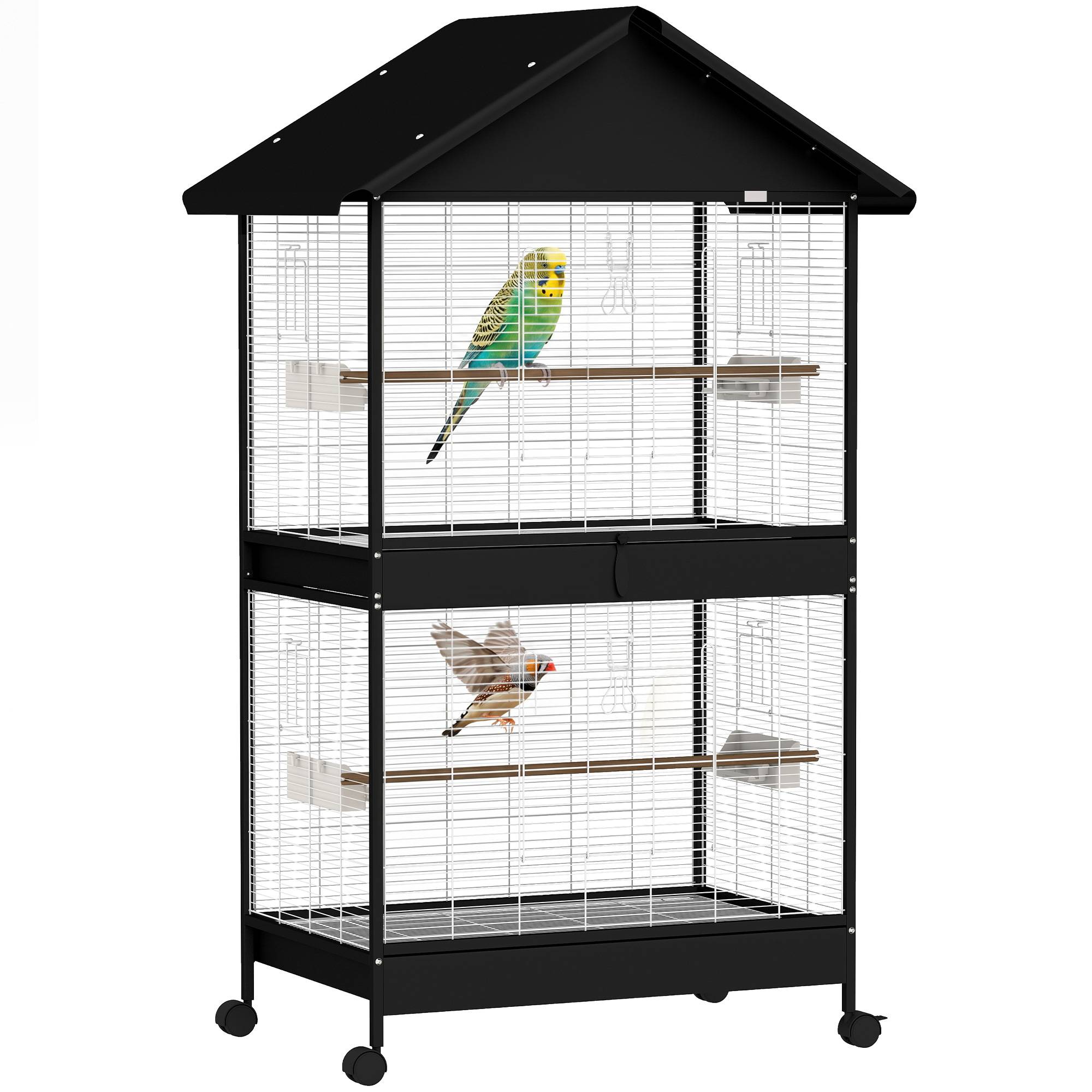 Grande cage à oiseaux avec roulettes, plateau amovible, perchoirs, toit, pour perroquets et canaris, noire - Image 1