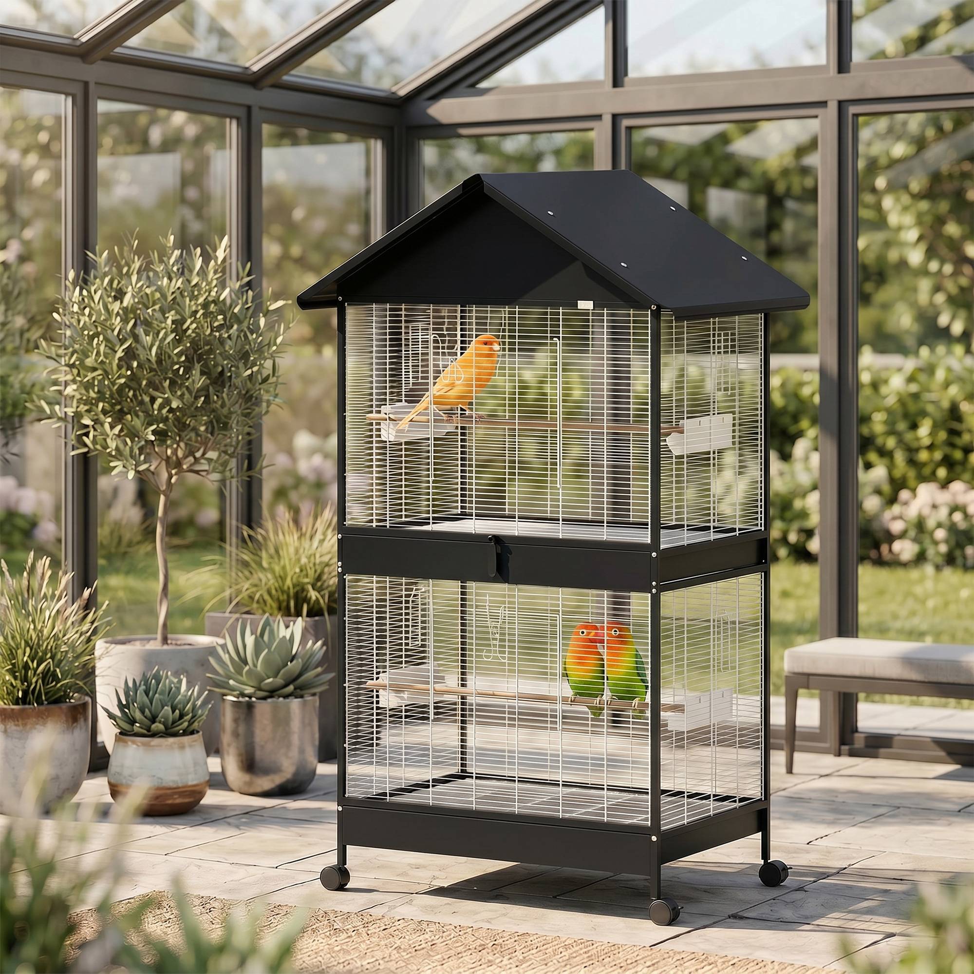 Grande cage à oiseaux avec roulettes, plateau amovible, perchoirs, toit, pour perroquets et canaris, noire - Image 4