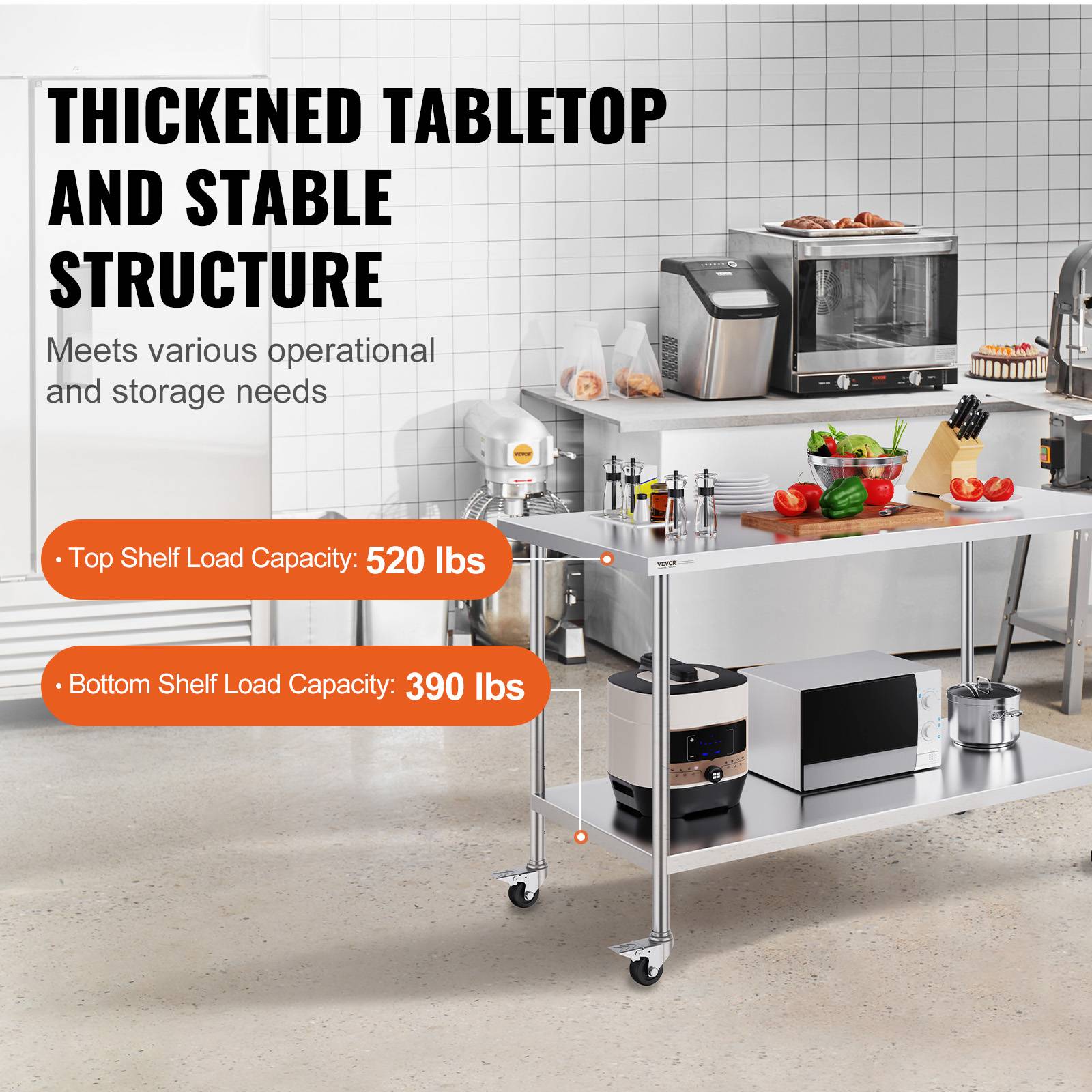 Vevor - VEVOR Table travail inox 76,2x152,4x95,5cm, roulettes, 3 H régl., rangement, restaurant/maison/bar. - Image 3