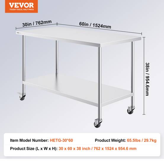 Vevor - VEVOR Table travail inox 76,2x152,4x95,5cm, roulettes, 3 H régl., rangement, restaurant/maison/bar. - Image 7