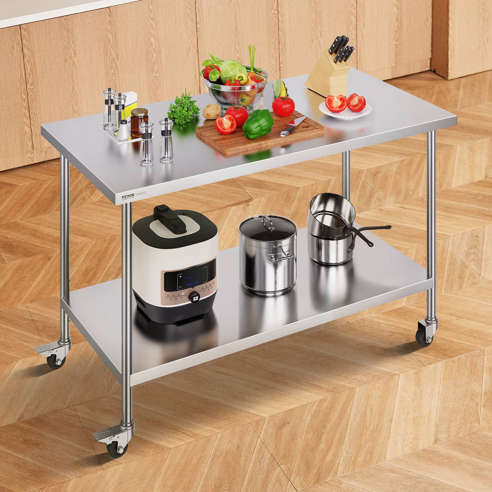 Vevor - VEVOR Table travail inox 76,2x152,4x95,5cm, roulettes, 3 H régl., rangement, restaurant/maison/bar. - Image 8