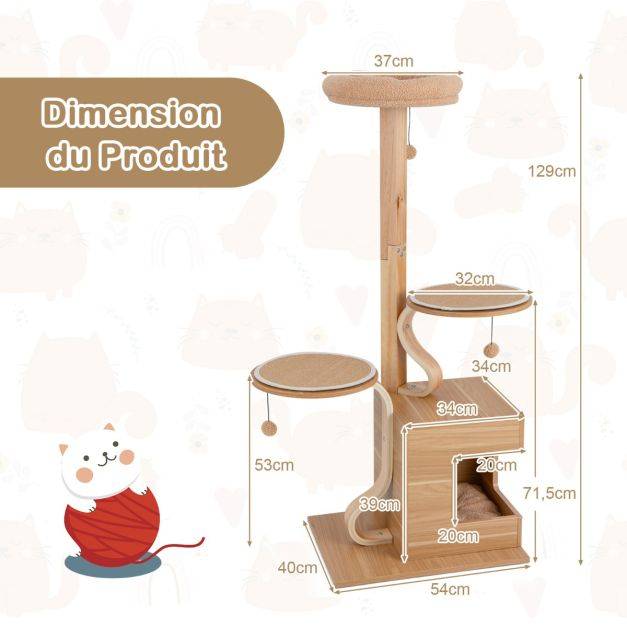 Helloshop26 - Arbre à chat en bois 129 cm condo perchoir supérieur plates-formes rondes pompons suspendus coussin amovible naturel - Image 2