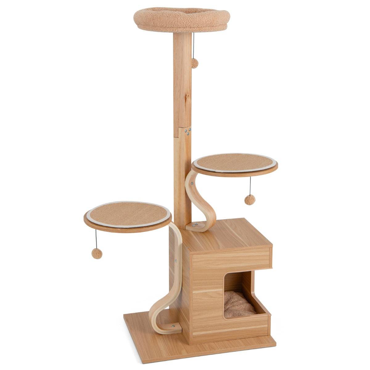 Helloshop26 - Arbre à chat en bois 129 cm condo perchoir supérieur plates-formes rondes pompons suspendus coussin amovible naturel - Image 1