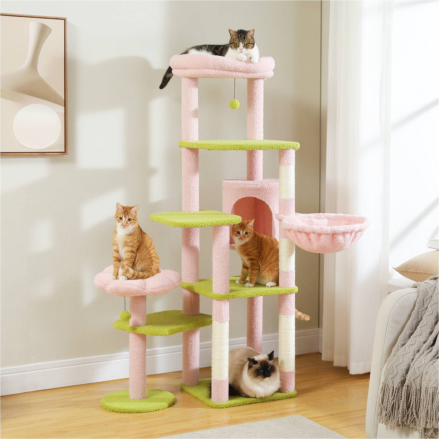 Arbre à Chat Géant 150 cm avec Hamac et Perchoirs Rose PAWZ Road - Image 3