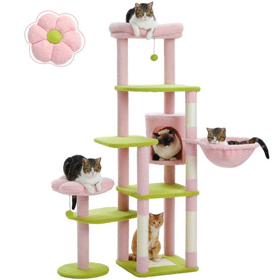 Arbre à Chat Géant 150 cm avec Hamac et Perchoirs Rose PAWZ Road - Image 1