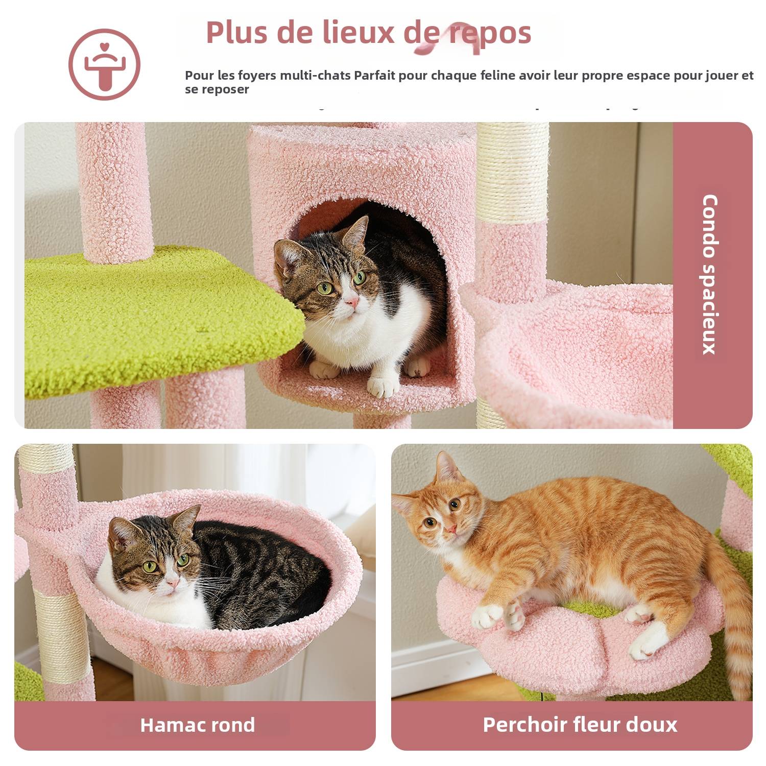 Arbre à Chat Géant 150 cm avec Hamac et Perchoirs Rose PAWZ Road - Image 5