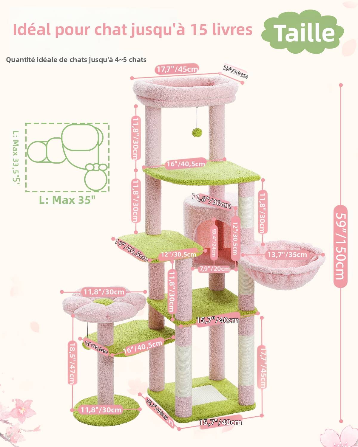Arbre à Chat Géant 150 cm avec Hamac et Perchoirs Rose PAWZ Road - Image 2