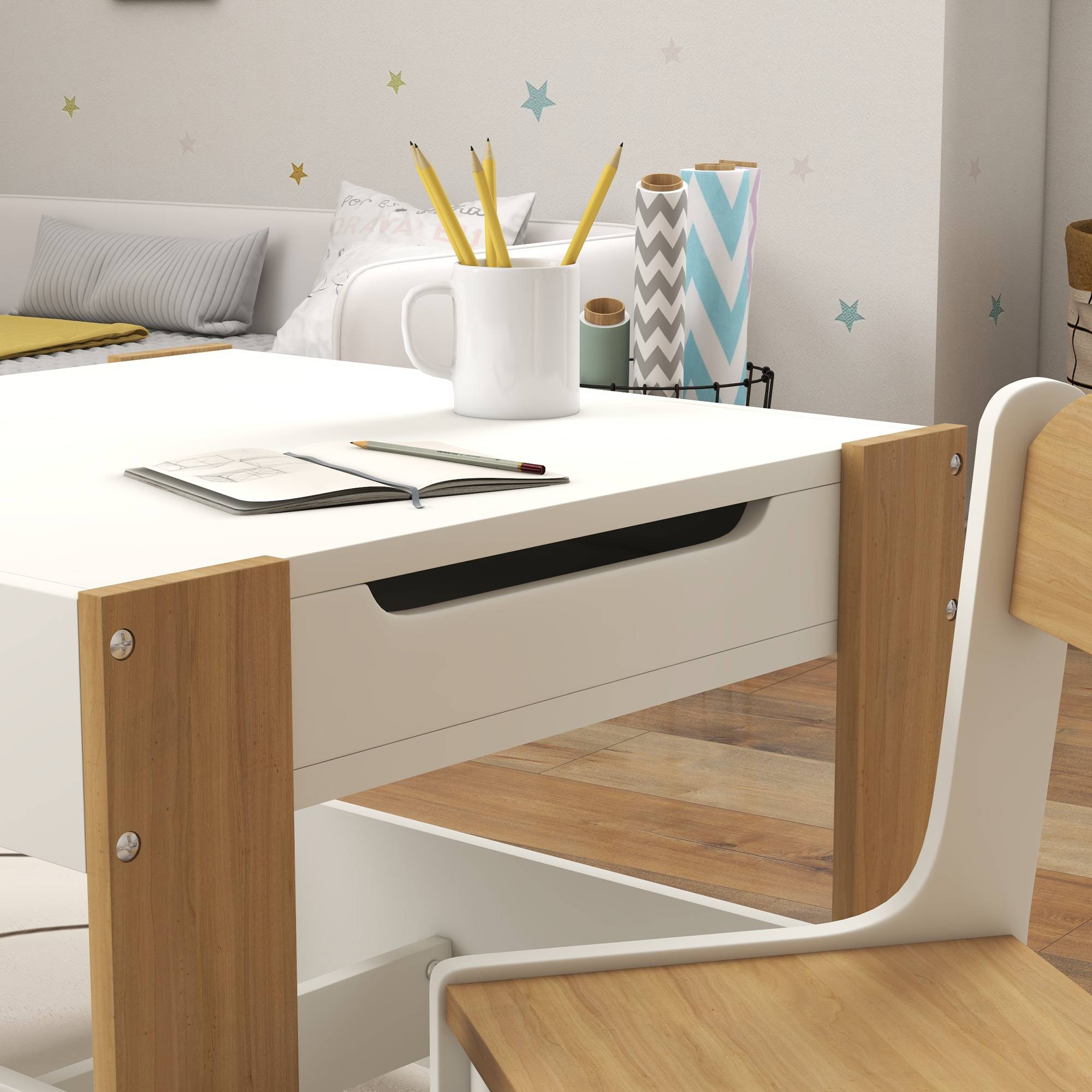 Jeu table et chaises enfant 3-en-1 avec ardoise, tiroirs tissus et rangement, blanc et naturel - Image 10
