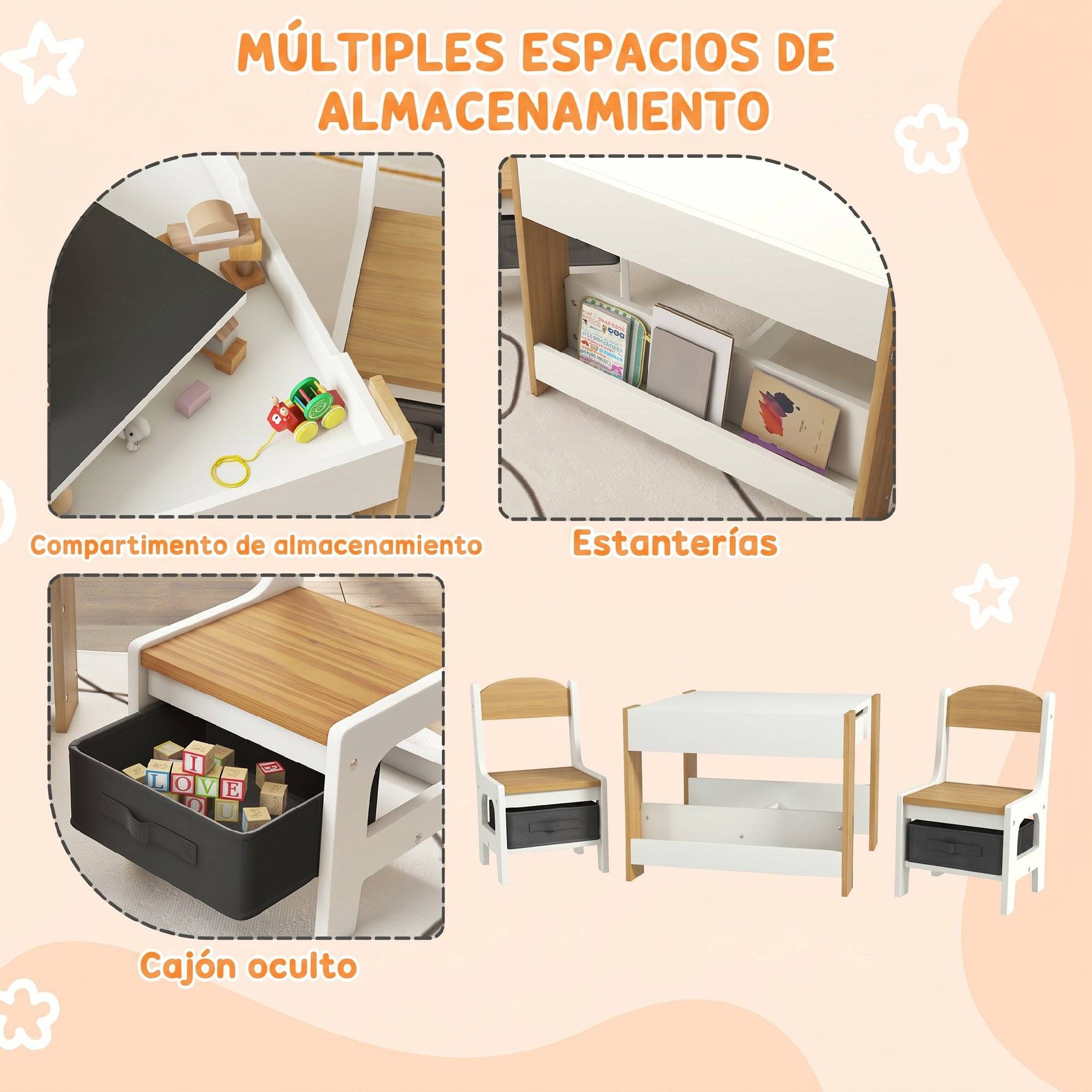 Jeu table et chaises enfant 3-en-1 avec ardoise, tiroirs tissus et rangement, blanc et naturel - Image 8