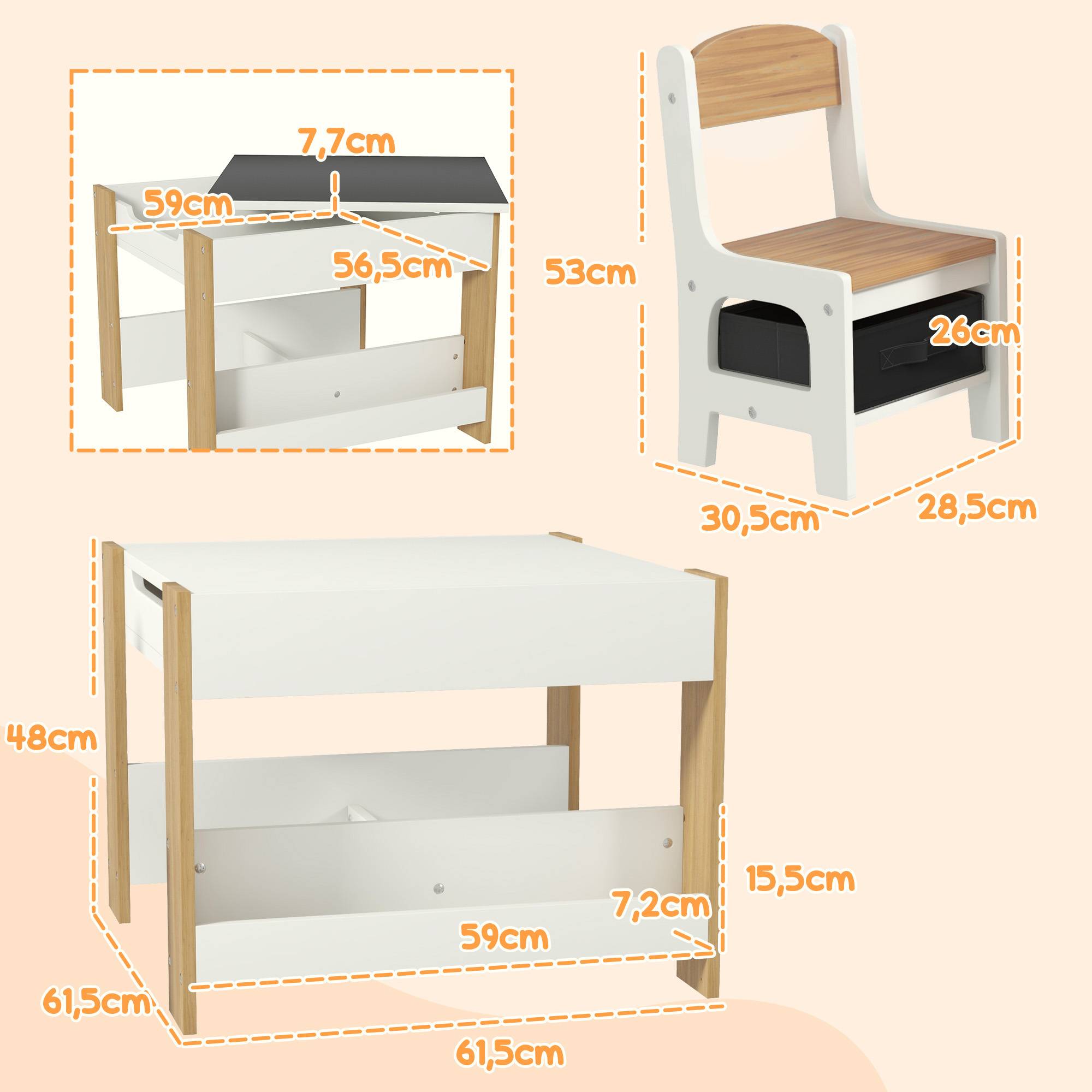 Jeu table et chaises enfant 3-en-1 avec ardoise, tiroirs tissus et rangement, blanc et naturel - Image 5