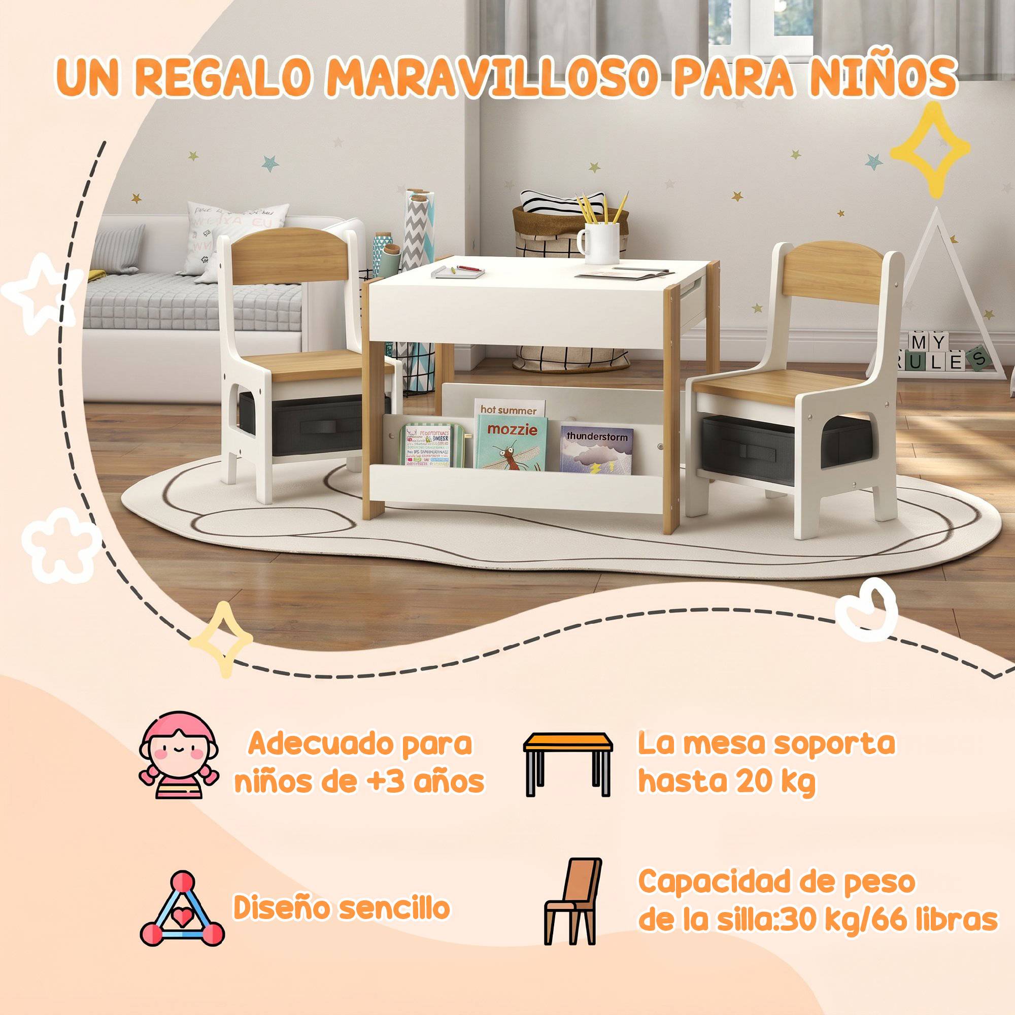 Jeu table et chaises enfant 3-en-1 avec ardoise, tiroirs tissus et rangement, blanc et naturel - Image 7