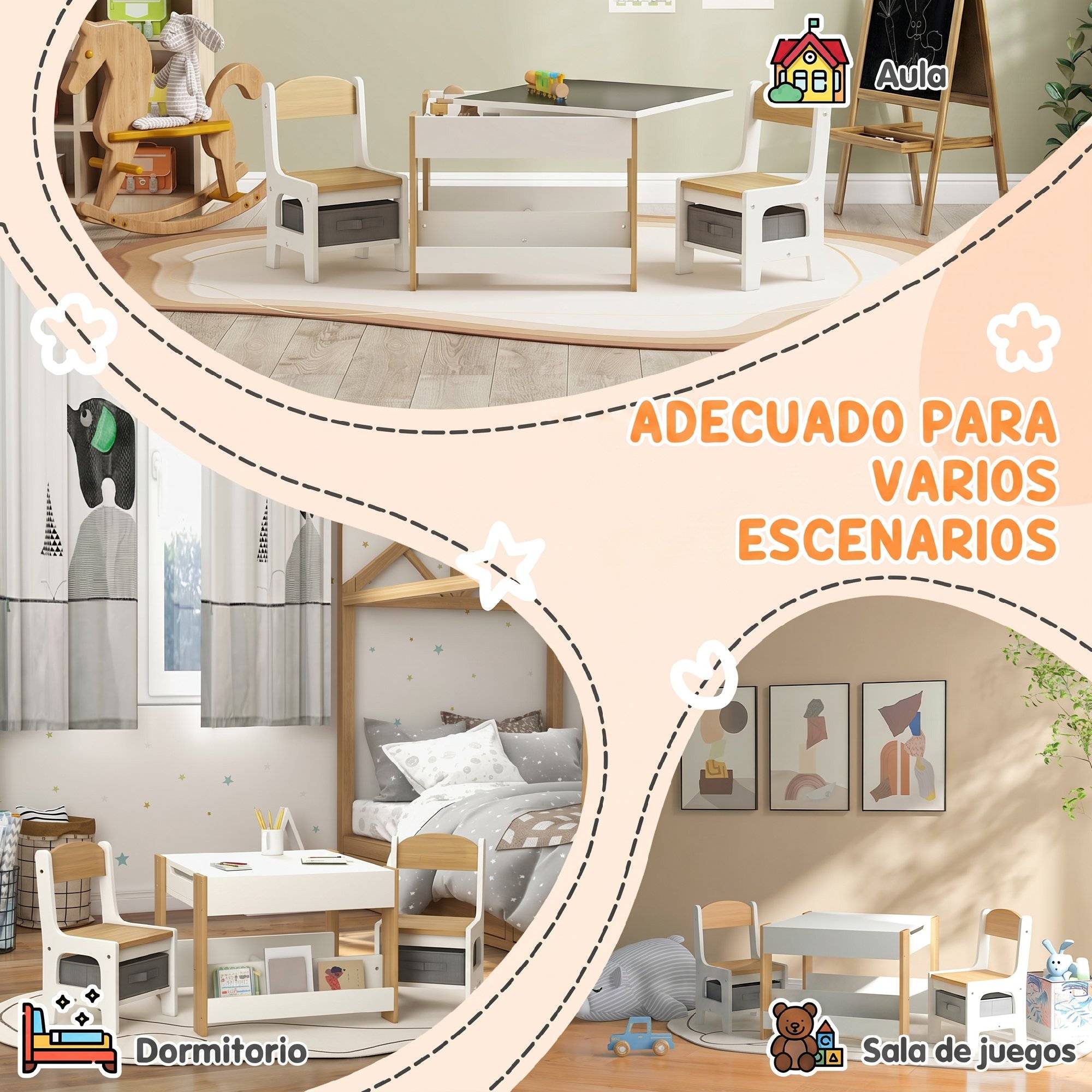 Jeu table et chaises enfant 3-en-1 avec ardoise, tiroirs tissus et rangement, blanc et naturel - Image 9