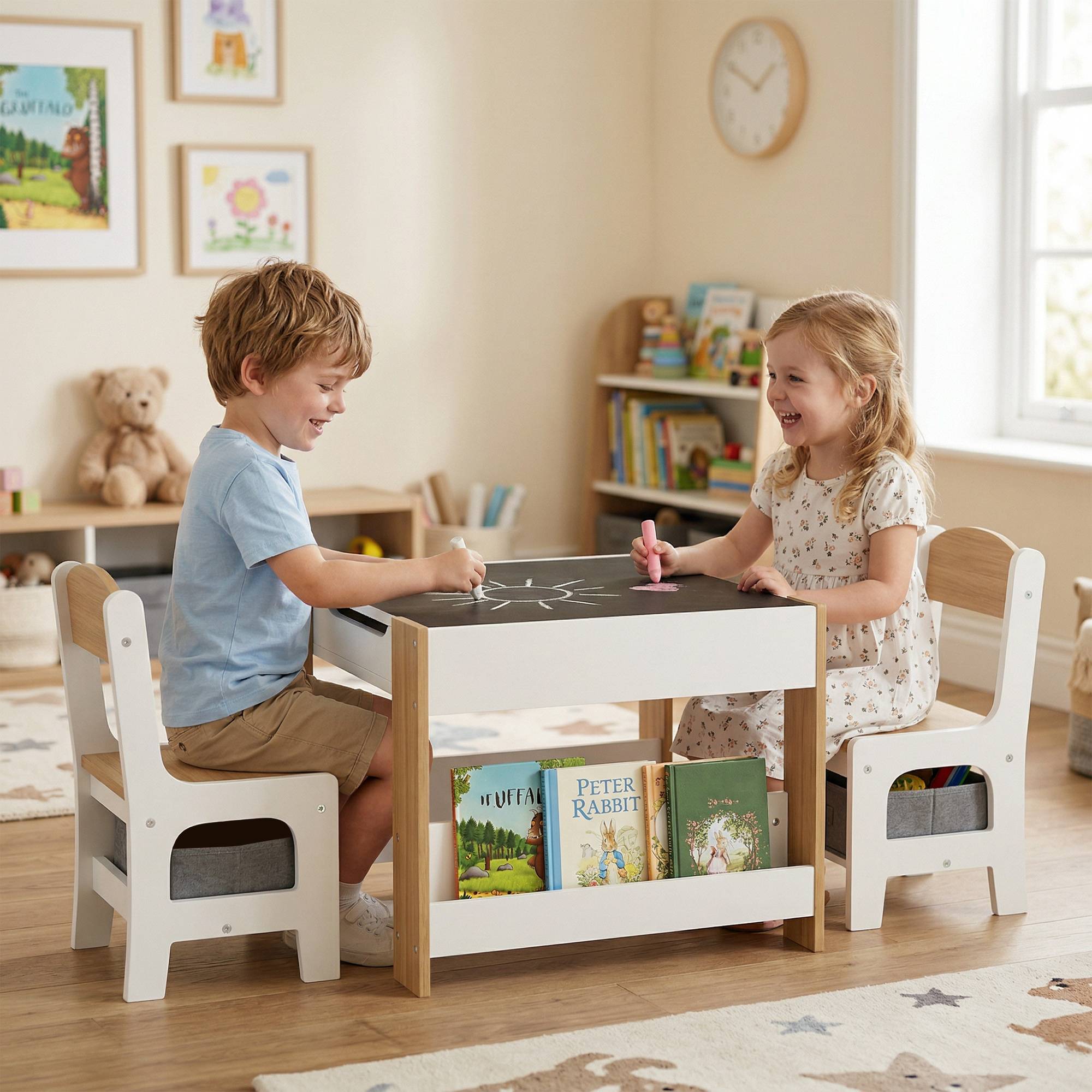 Jeu table et chaises enfant 3-en-1 avec ardoise, tiroirs tissus et rangement, blanc et naturel - Image 4