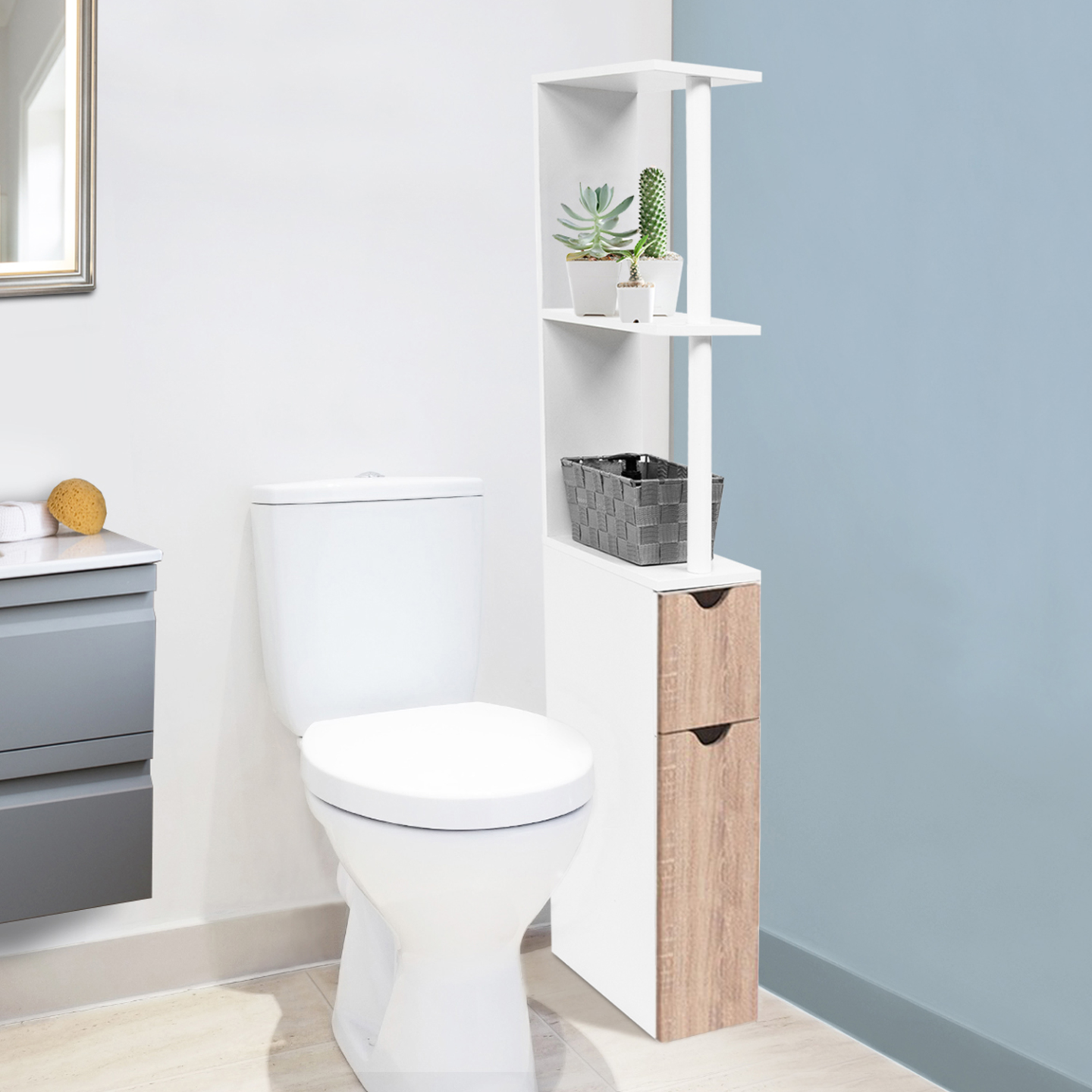 Meuble WC étagère WILLY bois 2 portes blanc et hêtre - Image 1