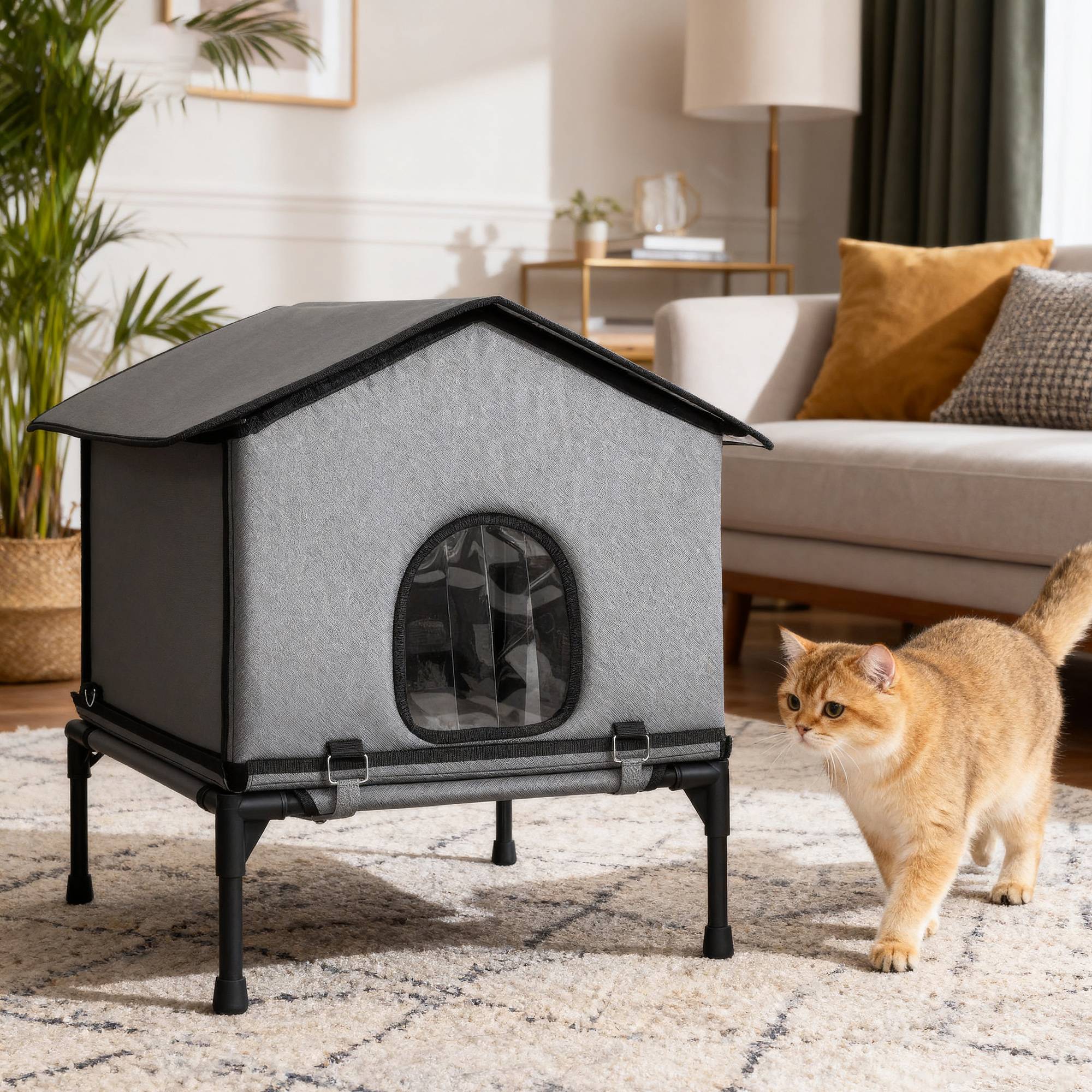 Sans Marque - Maison pliable chat coussin niche surélevée imperméable 62x58,5x60 cm grise - Image 3