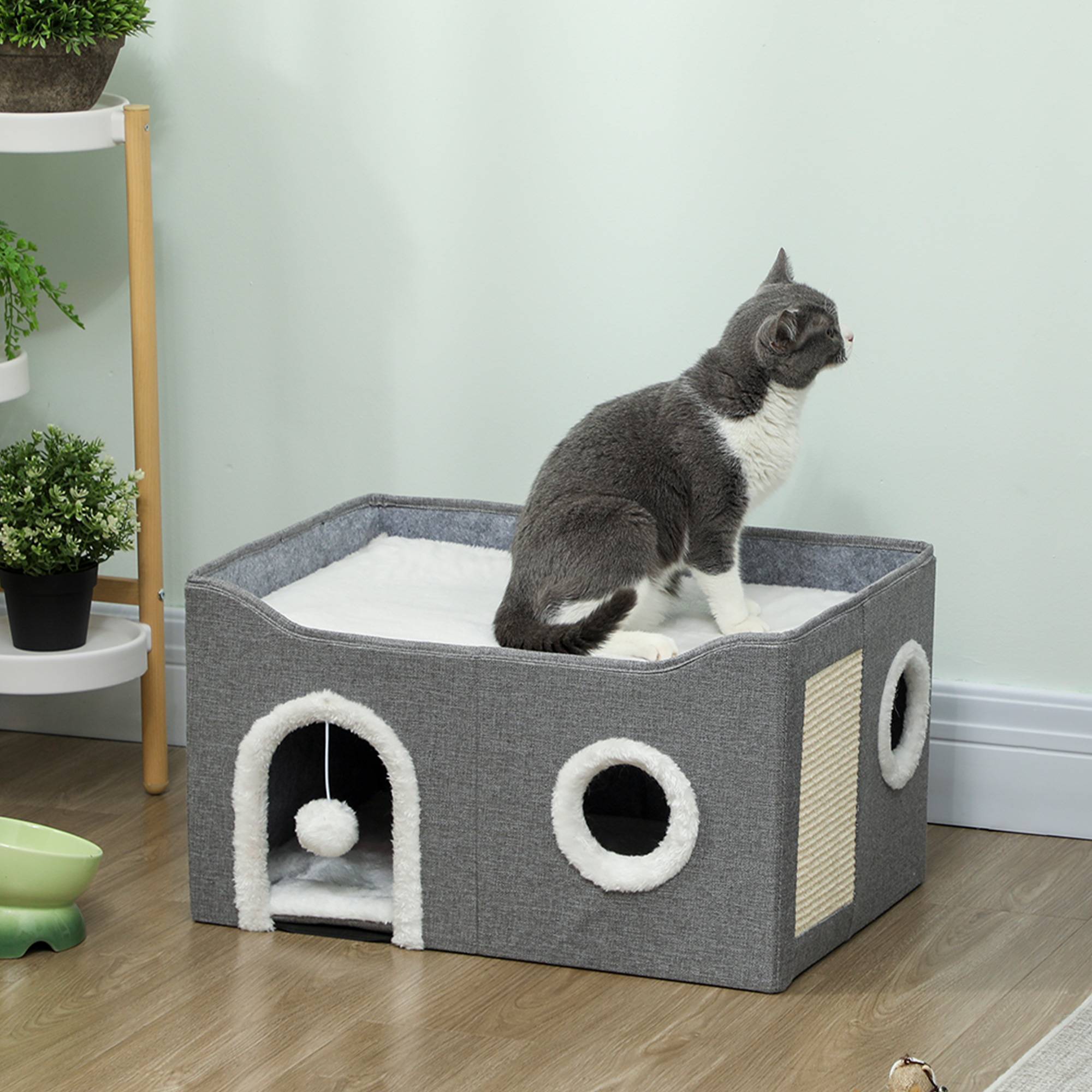 ComfortXL - Niche pour chat pliable MDF 60x40x34 cm gris intérieur avec griffoir et couchage - ComfortXL Outdoor Living - Image 2