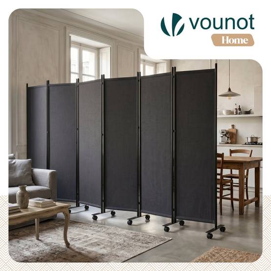 Paravent interieur séparateur de pièce 6 panneaux pliable autoportant sur roulettes - 340x30x171cm - Anthracite - VOUNOT Paravent interieur séparateur de pièce 6 panneaux pliable autoportant sur roulettes - 340x30x171cm - Anthracite - VOUNOT