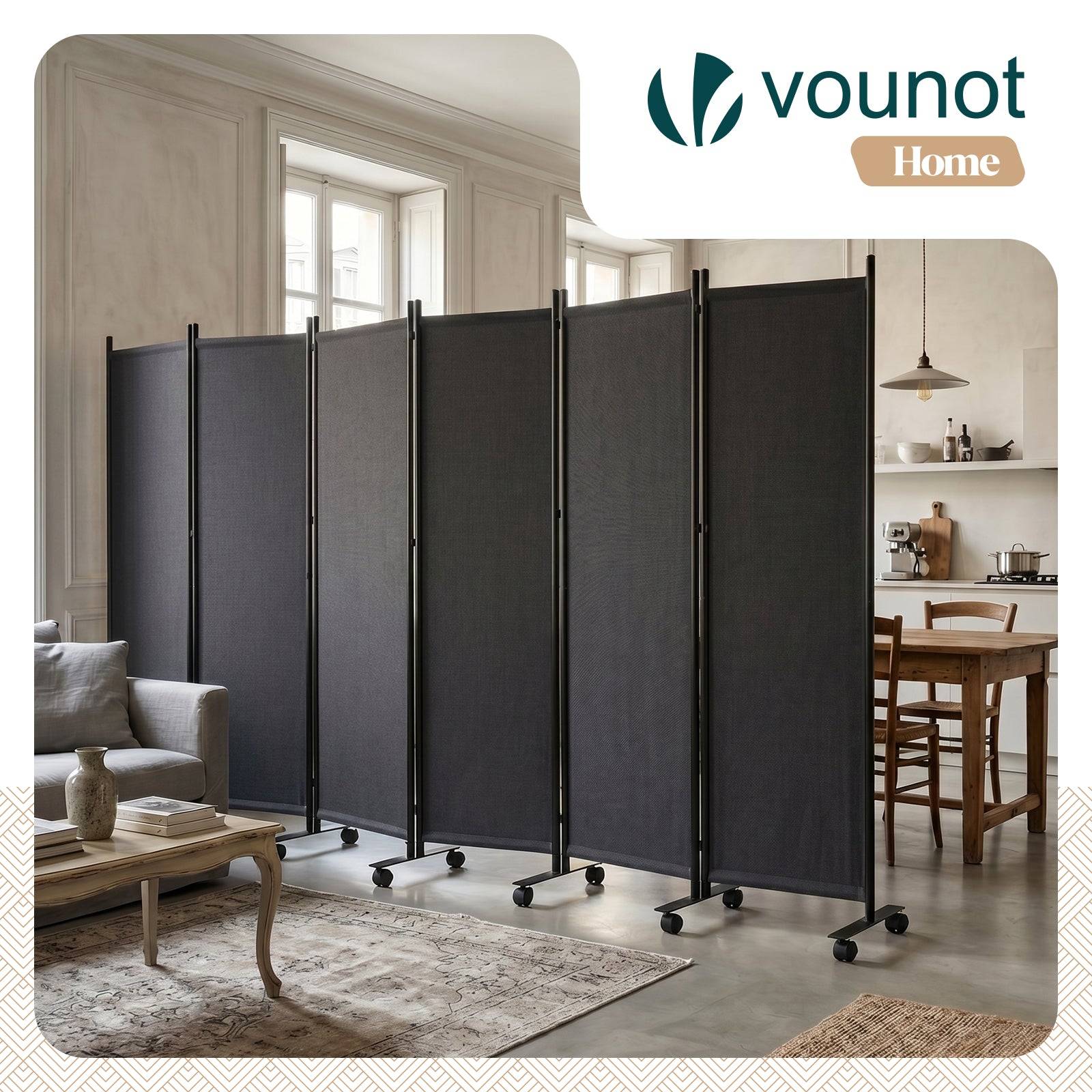 Paravent interieur séparateur de pièce 6 panneaux pliable autoportant sur roulettes - 340x30x171cm - Anthracite - VOUNOT