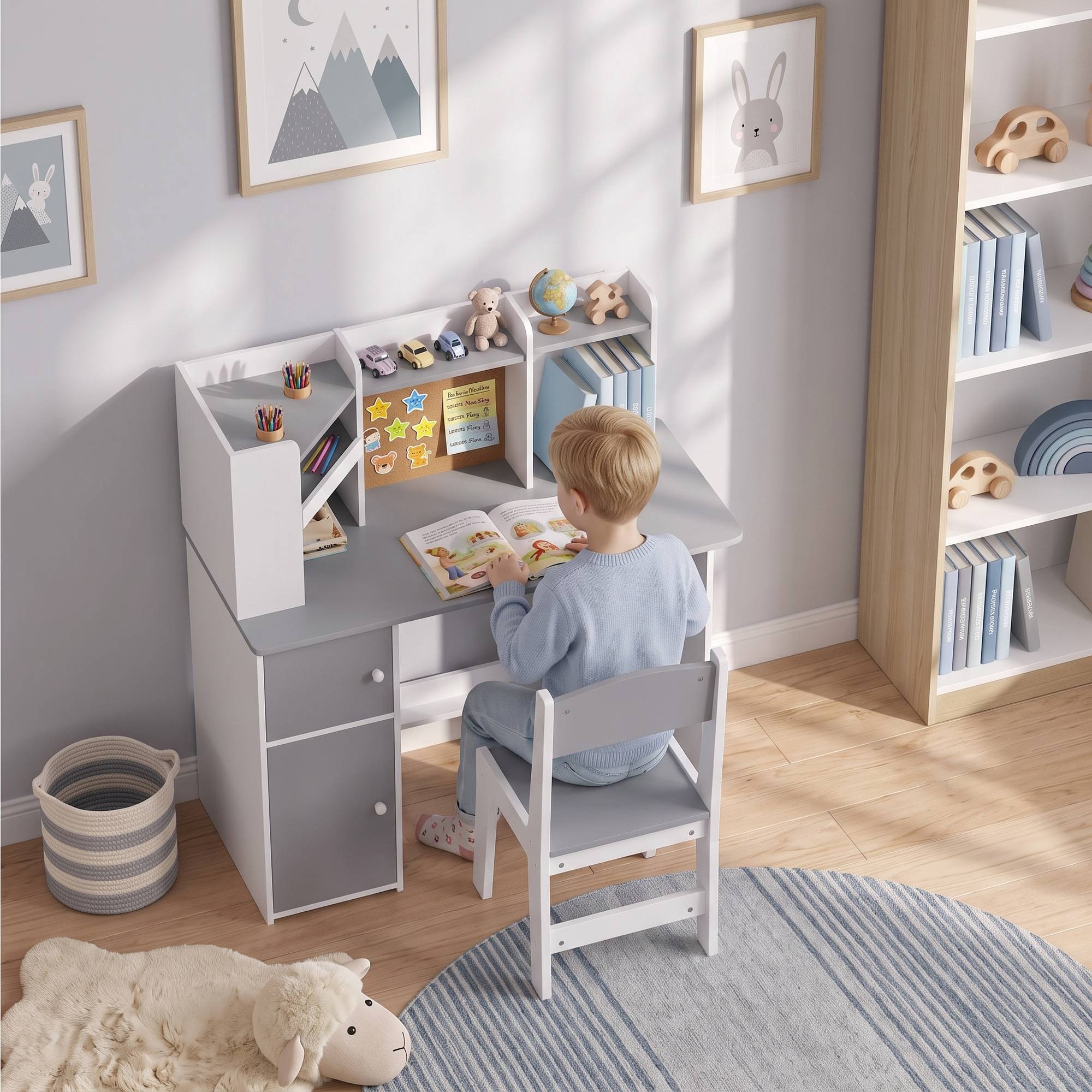 Ensemble bureau et chaise enfant avec porte-stylo, support tablette réglable, armoires et tableau, gris - Image 4