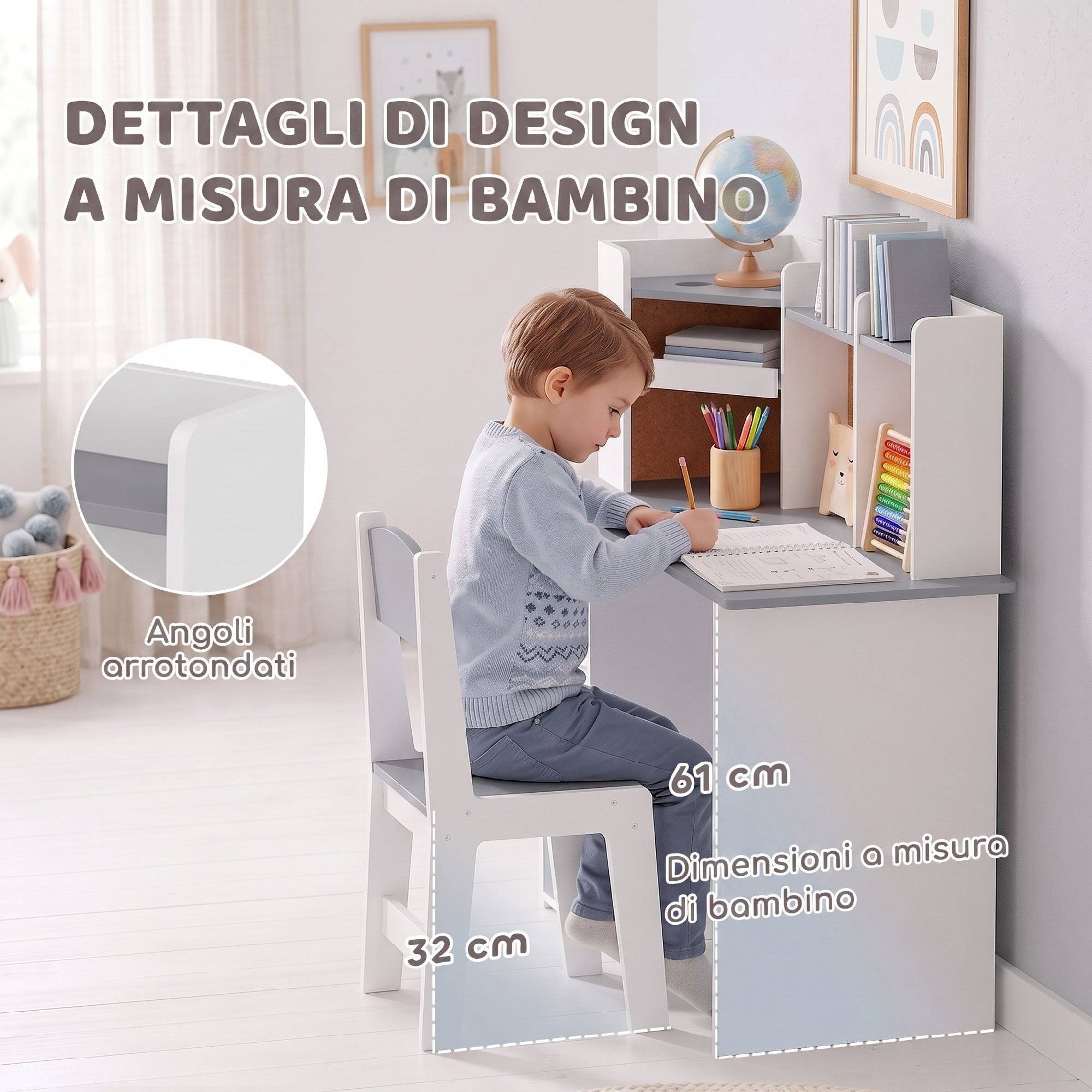 Ensemble bureau et chaise enfant avec porte-stylo, support tablette réglable, armoires et tableau, gris - Image 9