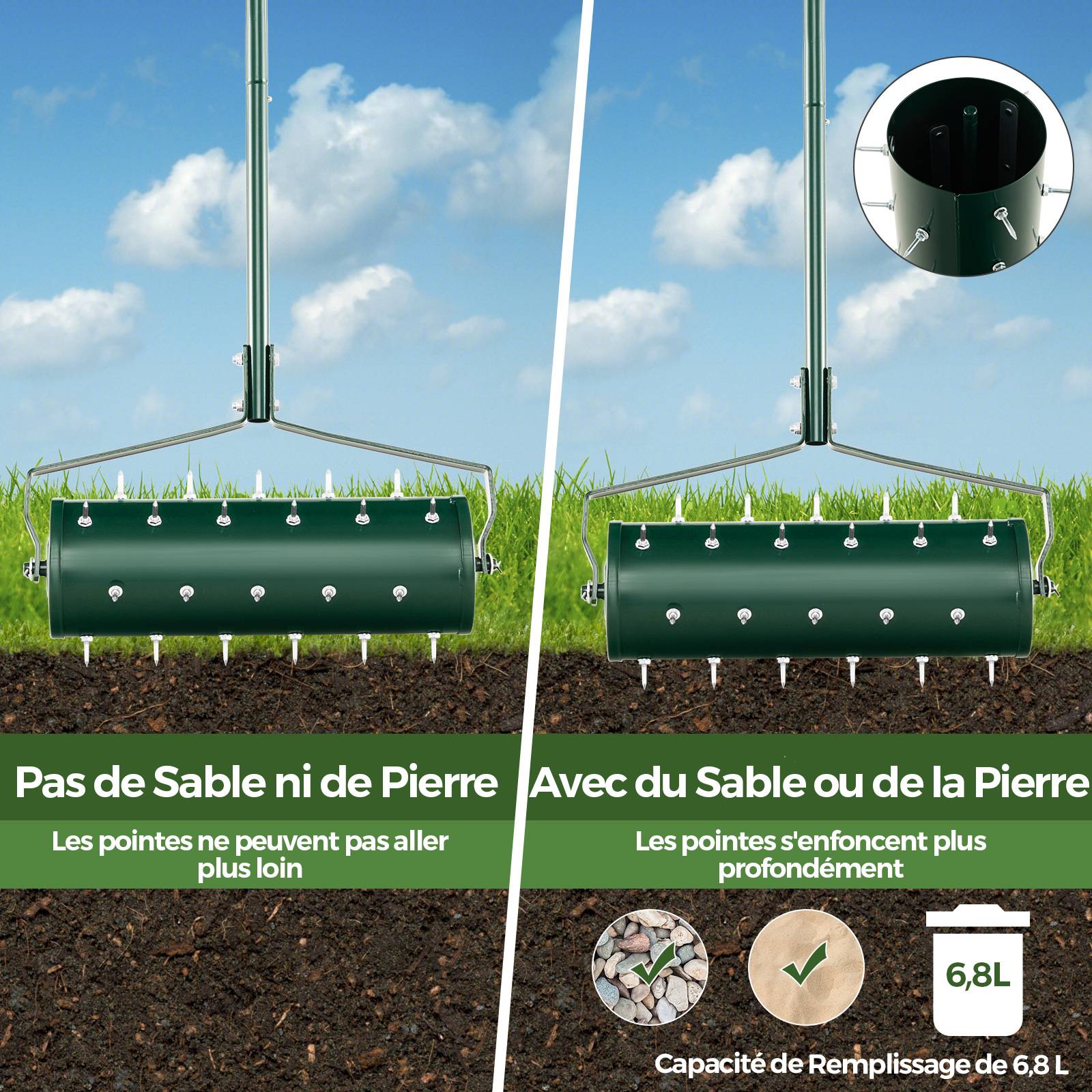 Aérateur de Pelouse Manuel de 52 cm, avec Poignée Amovible de 130 cm, Pointes de Dents pour Ameublir le Sol, pour Jardin, Cour, Vert - Image 6