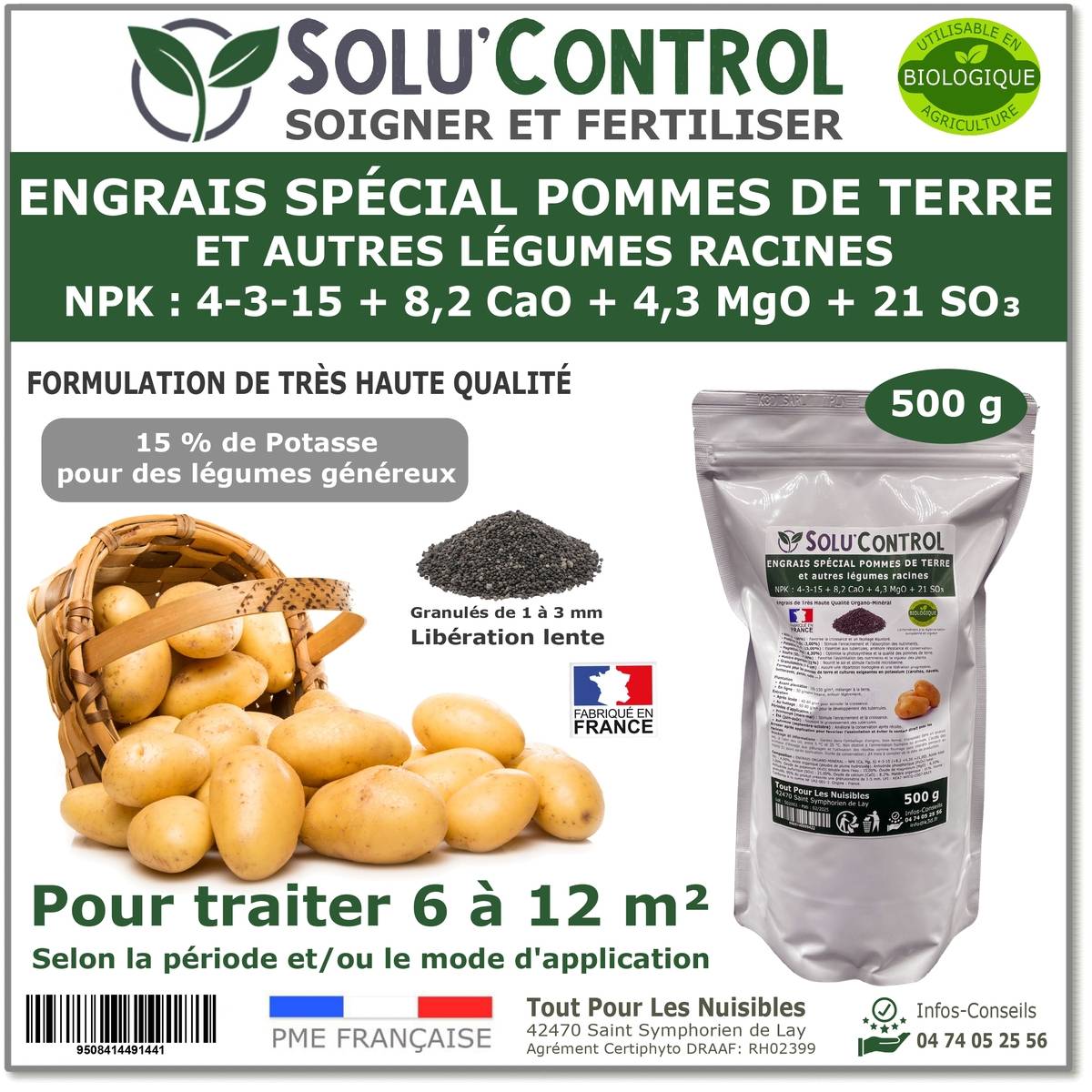 SOLU’CONTROL - 500 g d'engrais spécial pommes de terre et légumes racines 4-3-15 - enrichi en potasse - croissance, grossissement - UAB - Image 1