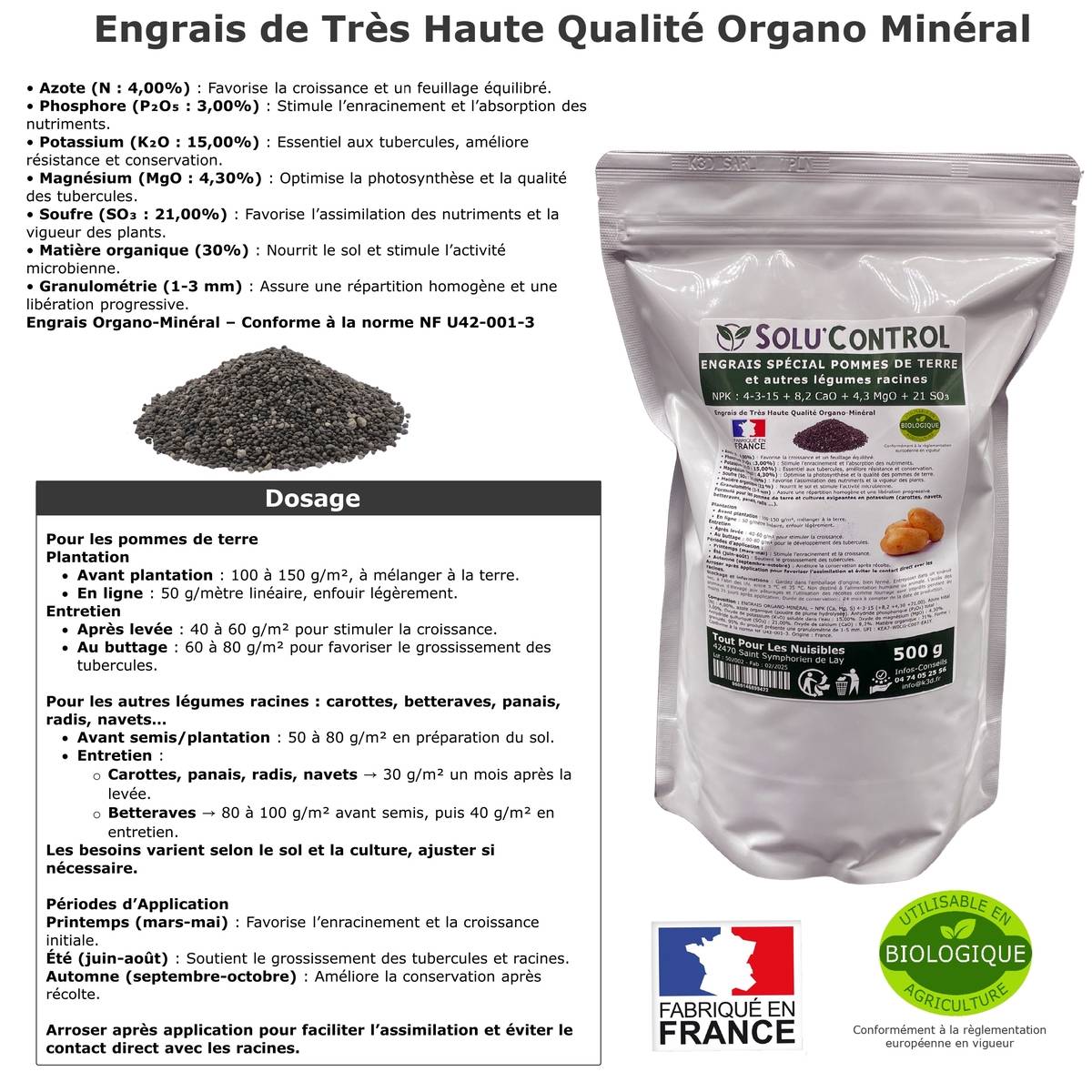 SOLU’CONTROL - 500 g d'engrais spécial pommes de terre et légumes racines 4-3-15 - enrichi en potasse - croissance, grossissement - UAB - Image 2