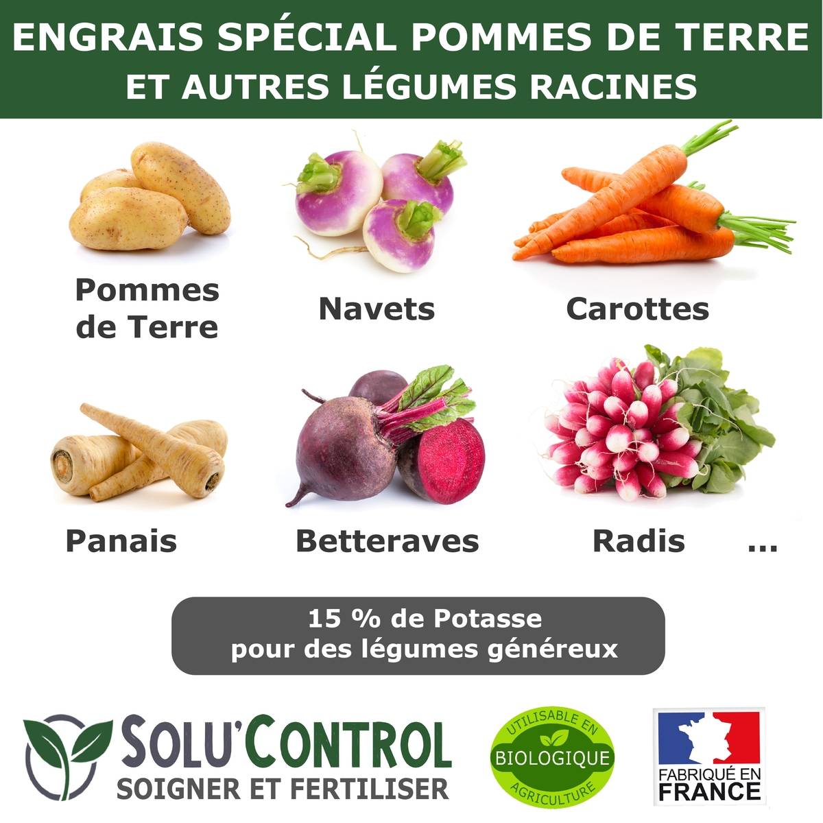 SOLU’CONTROL - 500 g d'engrais spécial pommes de terre et légumes racines 4-3-15 - enrichi en potasse - croissance, grossissement - UAB - Image 3